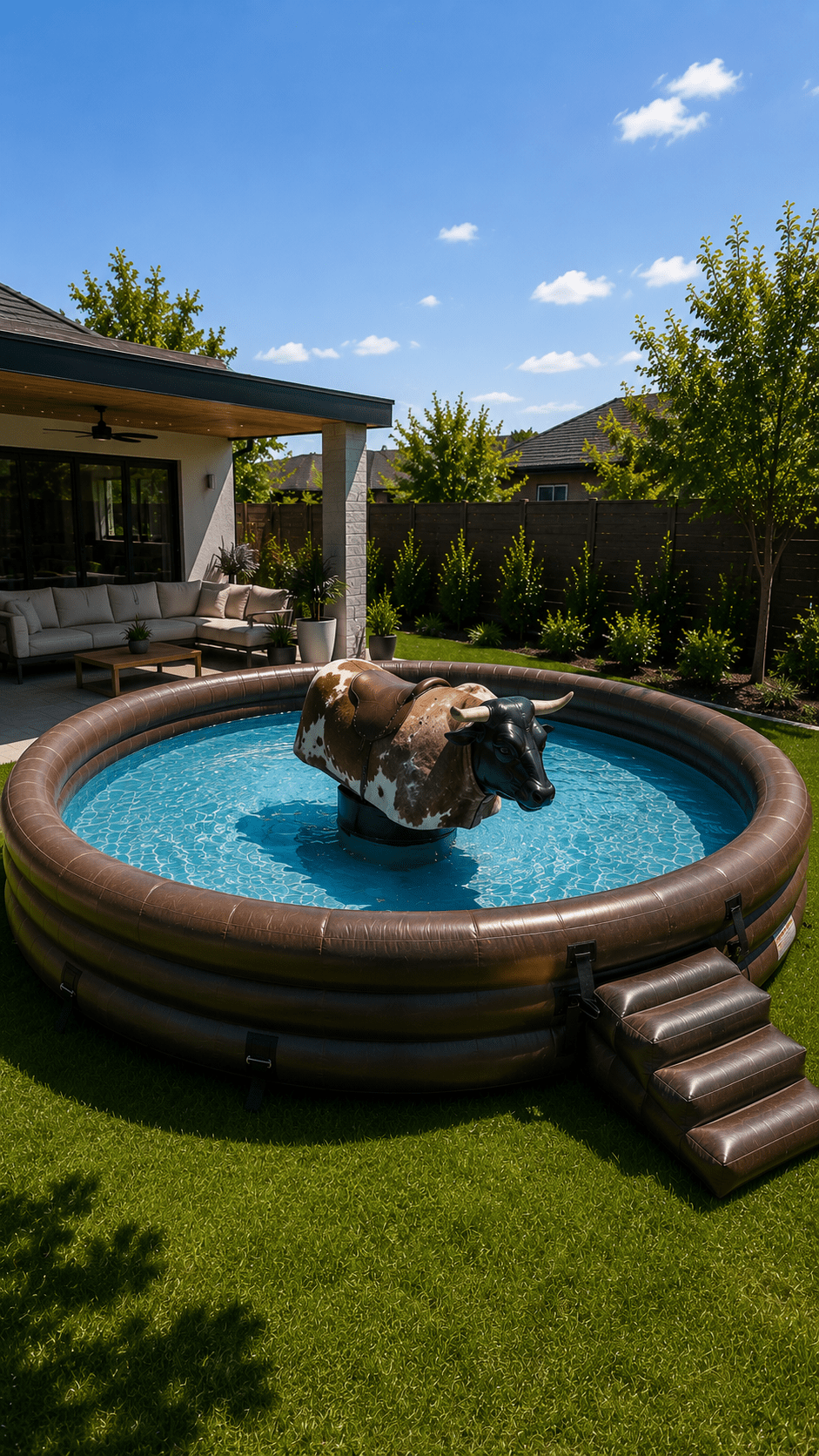 Rustic brown inflatable mechanical bull pool with central rodeo bull and inflatable steps in a landscaped contemporary garden.