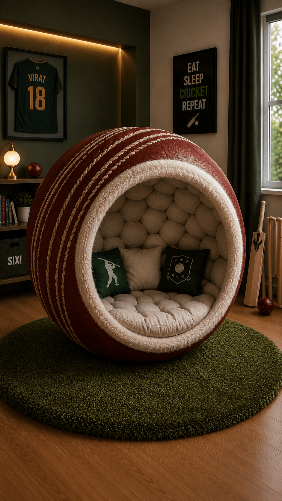 Oversized cricket ball reading pod chair with plush cushioned interior inside a modern cricket-themed bedroom.