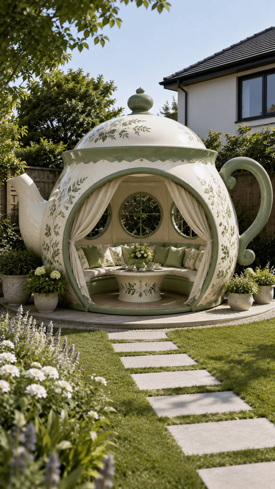 Sage green floral teacup garden pod featuring circular seating, curtains and a cosy outdoor tea lounge in a modern garden.