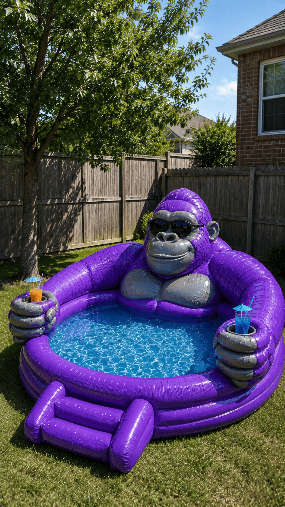 Purple gorilla-shaped inflatable paddling pool with built-in drink holders and garden steps
