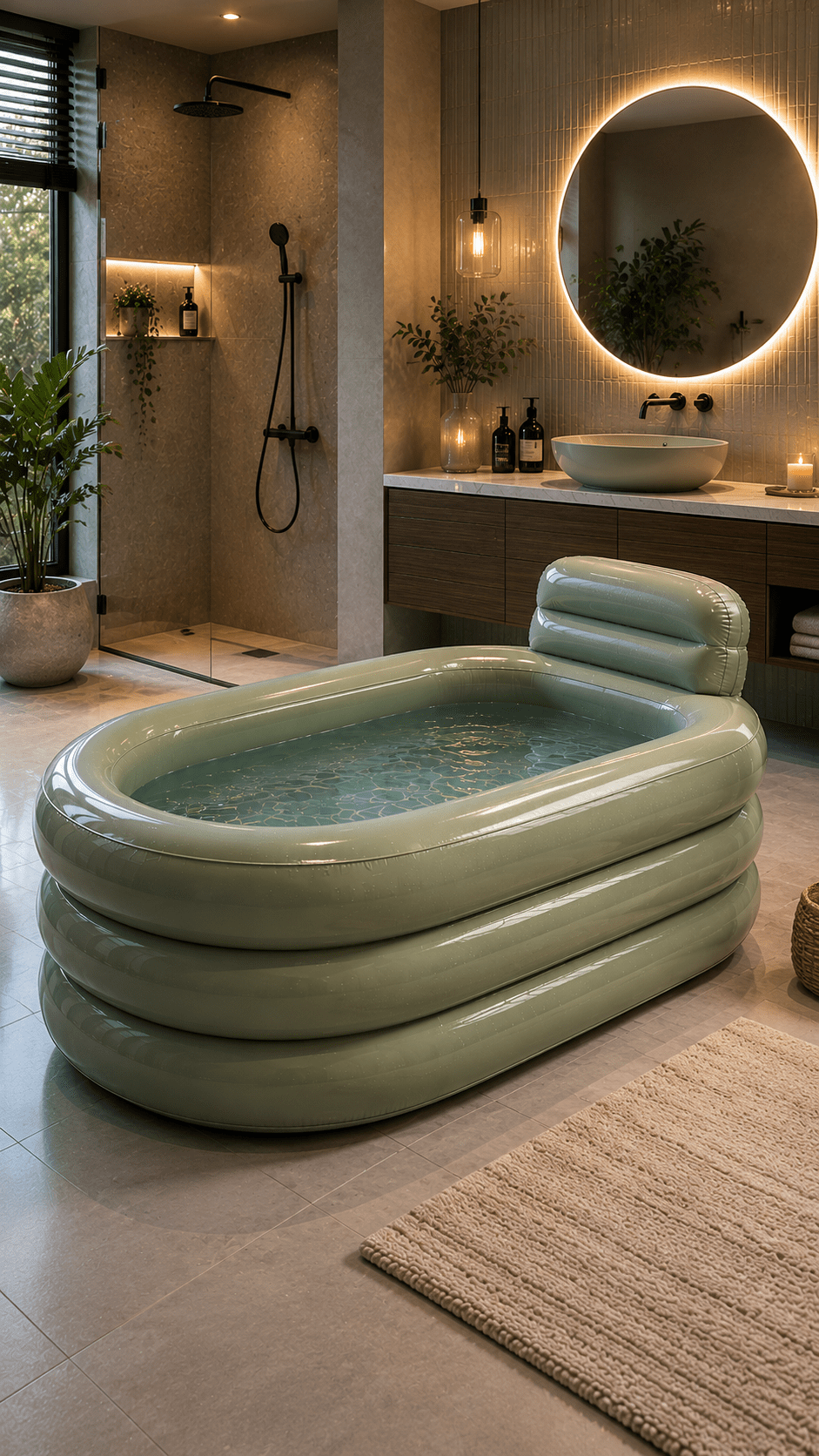 Sage green inflatable bathtub pool with built-in headrest in a stylish modern bathroom featuring a walk-in shower and LED mirror.