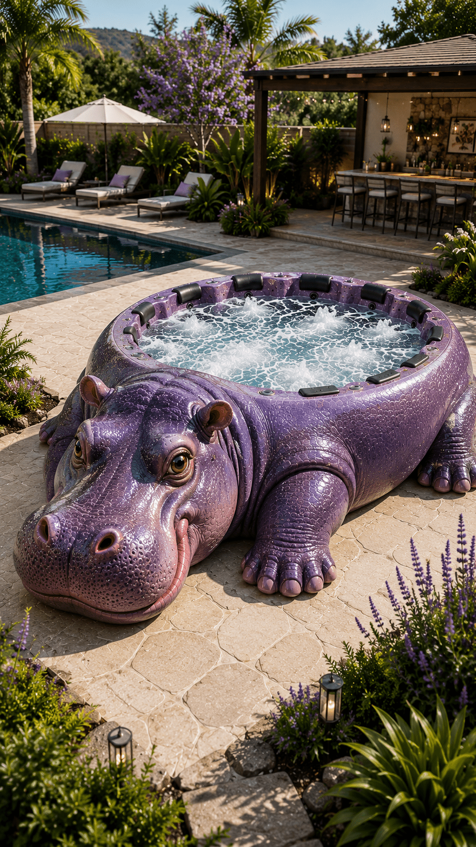Purple hippo-shaped luxury hot tub beside an outdoor swimming pool with tropical-style landscaping.