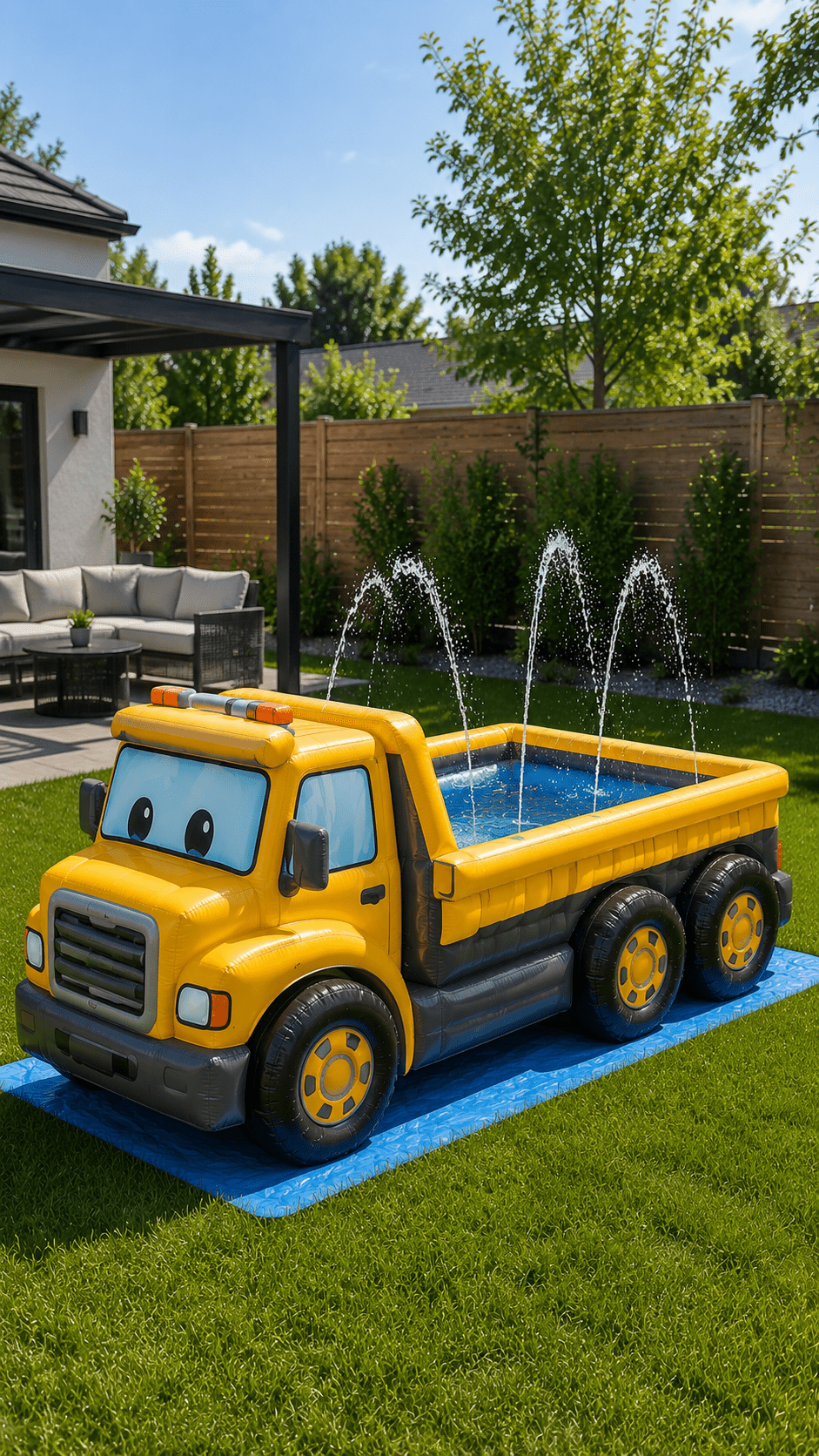 Bright yellow truck-shaped inflatable paddling pool with built-in water fountains in a modern family garden.