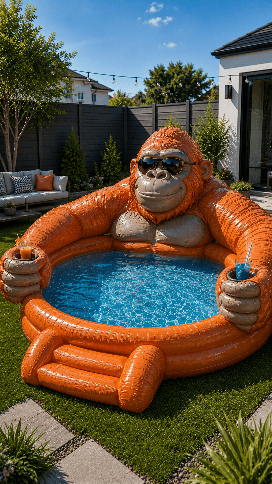 Orange giant gorilla  pool with sunglasses and integrated cup holders