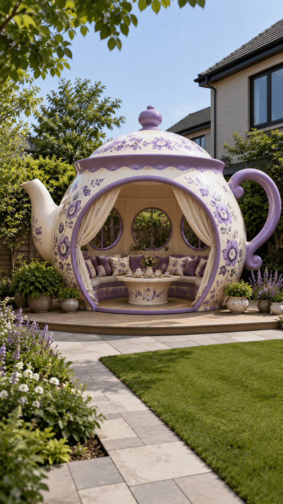 Elegant lavender floral teacup garden pod with comfortable seating and decorative tea table in a landscaped garden.