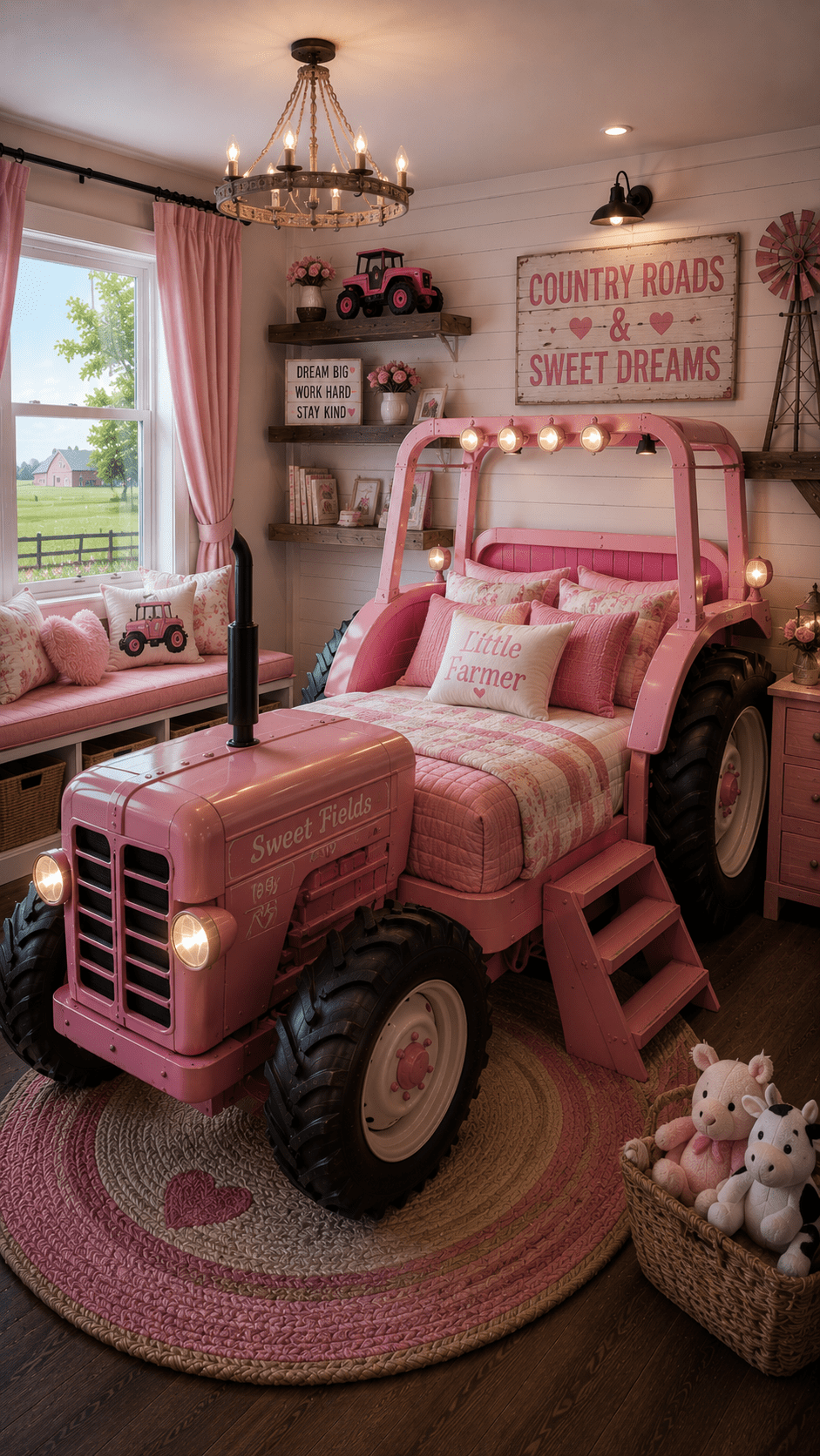 Pink tractor-shaped children's bed with farmhouse décor, rustic shelving and countryside-inspired bedroom design.