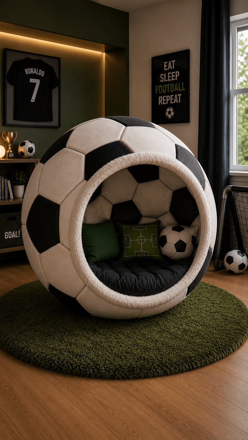 Large football-shaped reading pod chair with cosy seating in a stylish football-themed entertainment room.