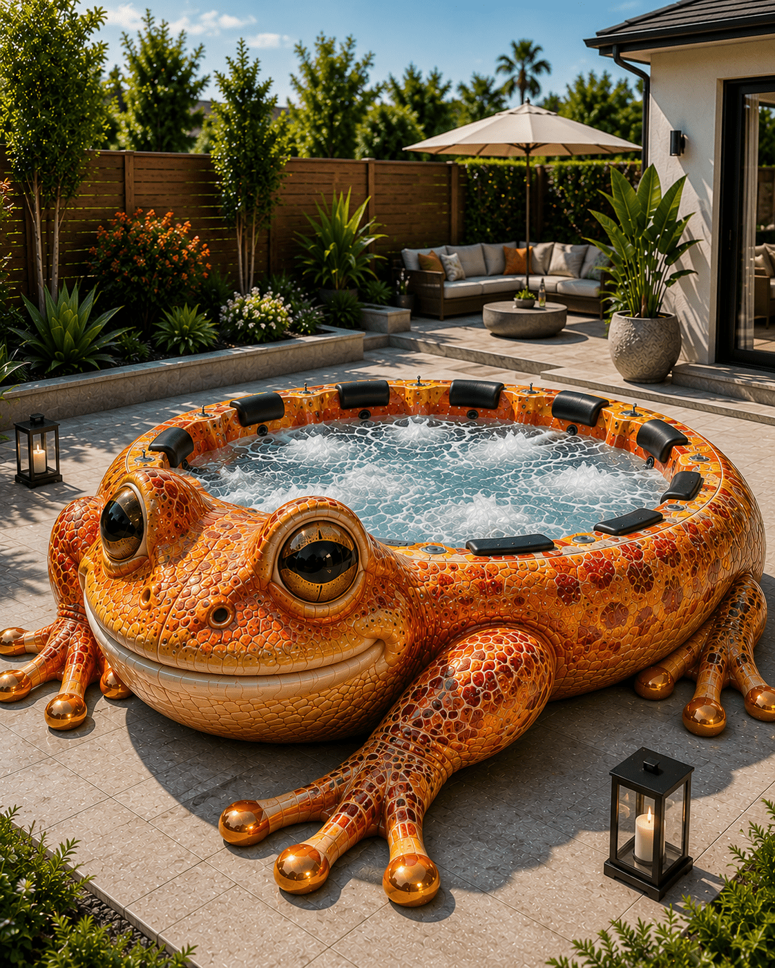 Bright orange frog-shaped hot tub featuring detailed textured scales and relaxing hydrotherapy jets.