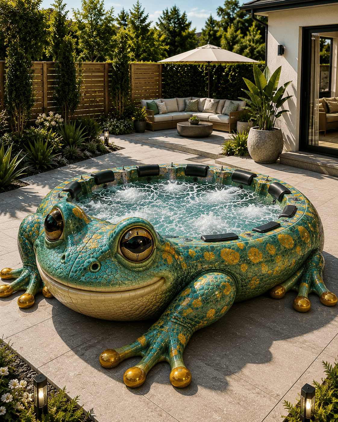 Green frog-shaped luxury hot tub with golden accents and bubbling water jets in a contemporary garden.