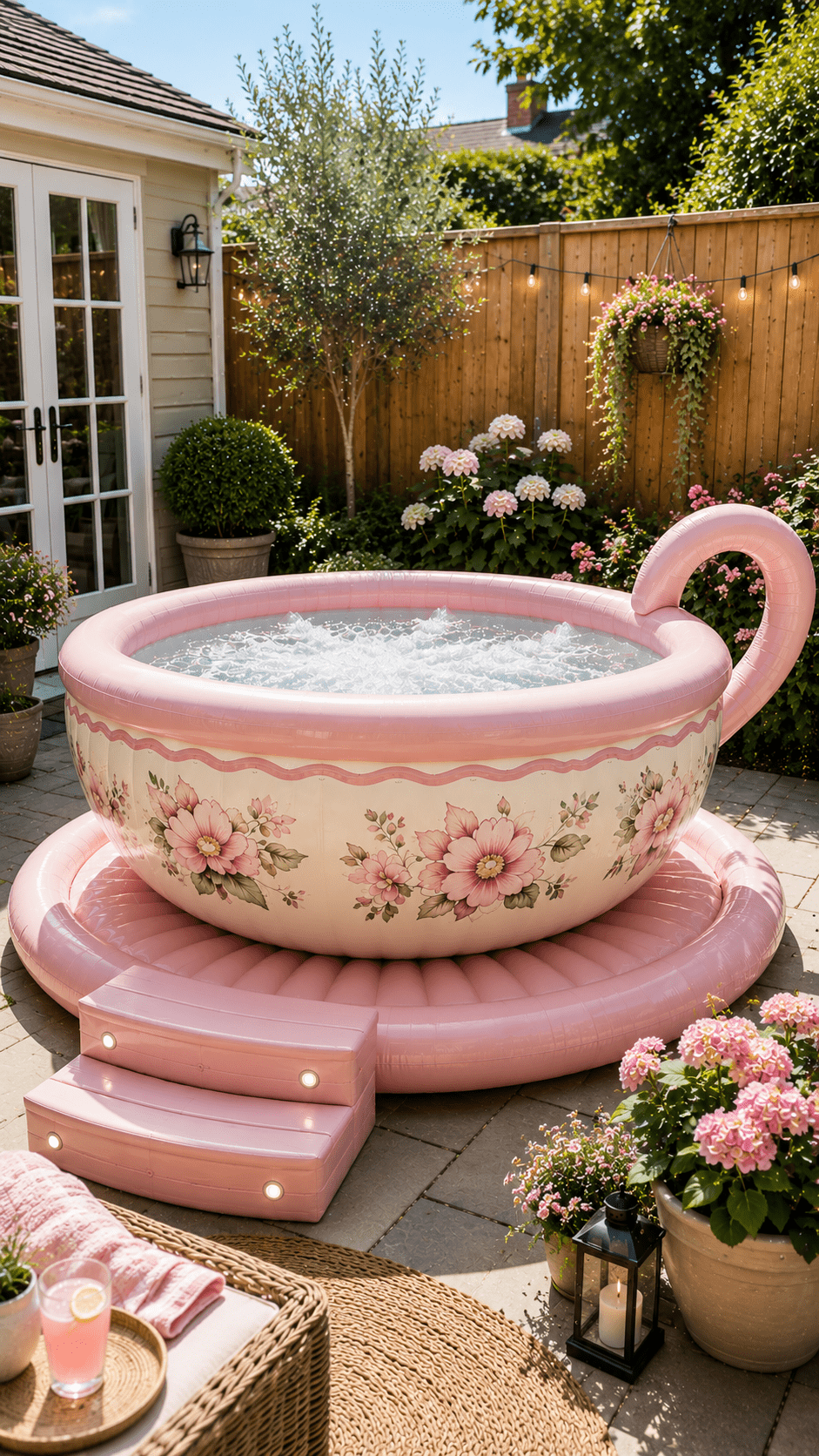 Blush pink inflatable teacup hot tub with delicate floral detailing creating a whimsical luxury garden retreat.