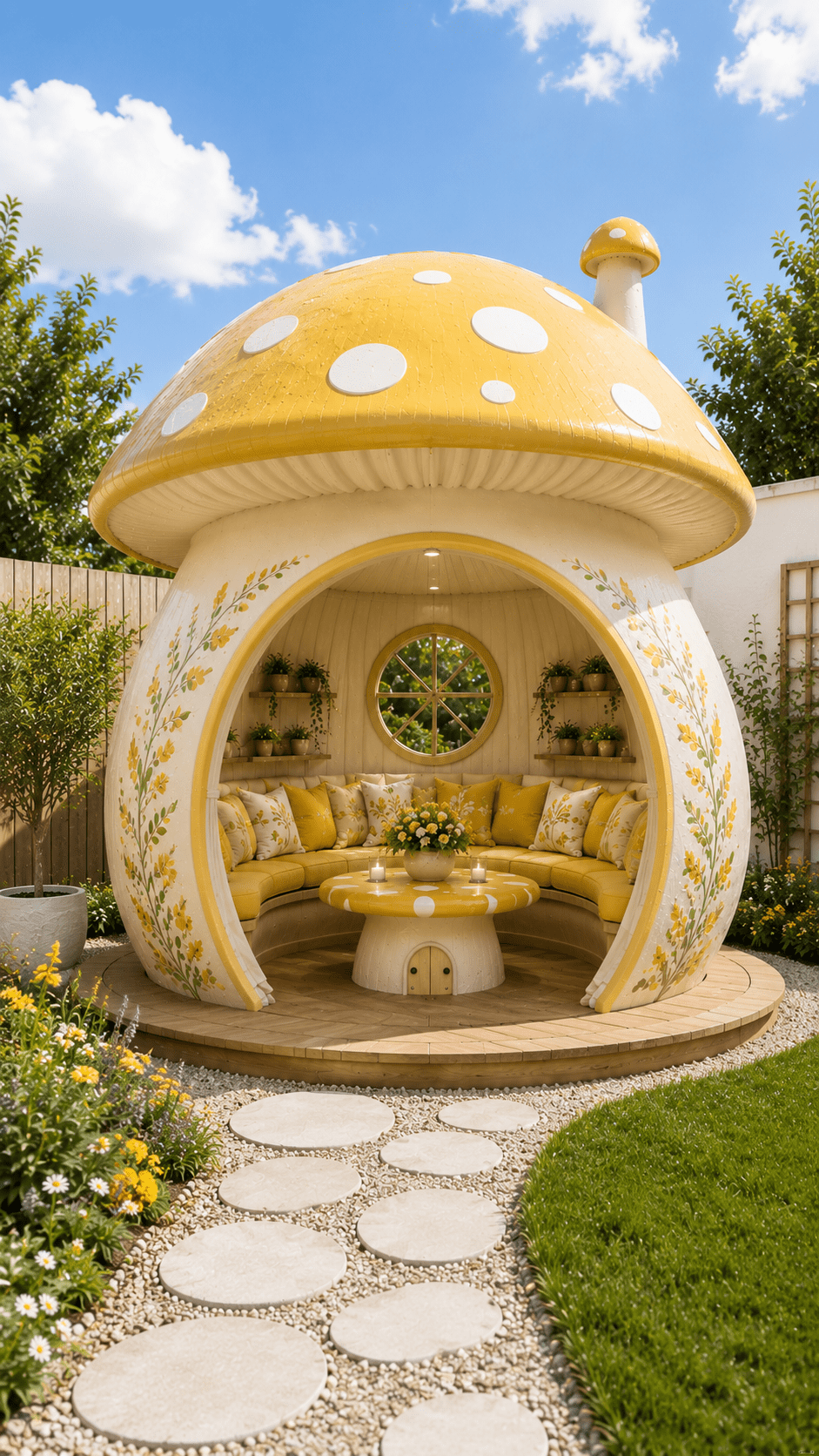 Yellow mushroom garden pod featuring curved seating, floral cushions, decorative plants and circular garden pathway