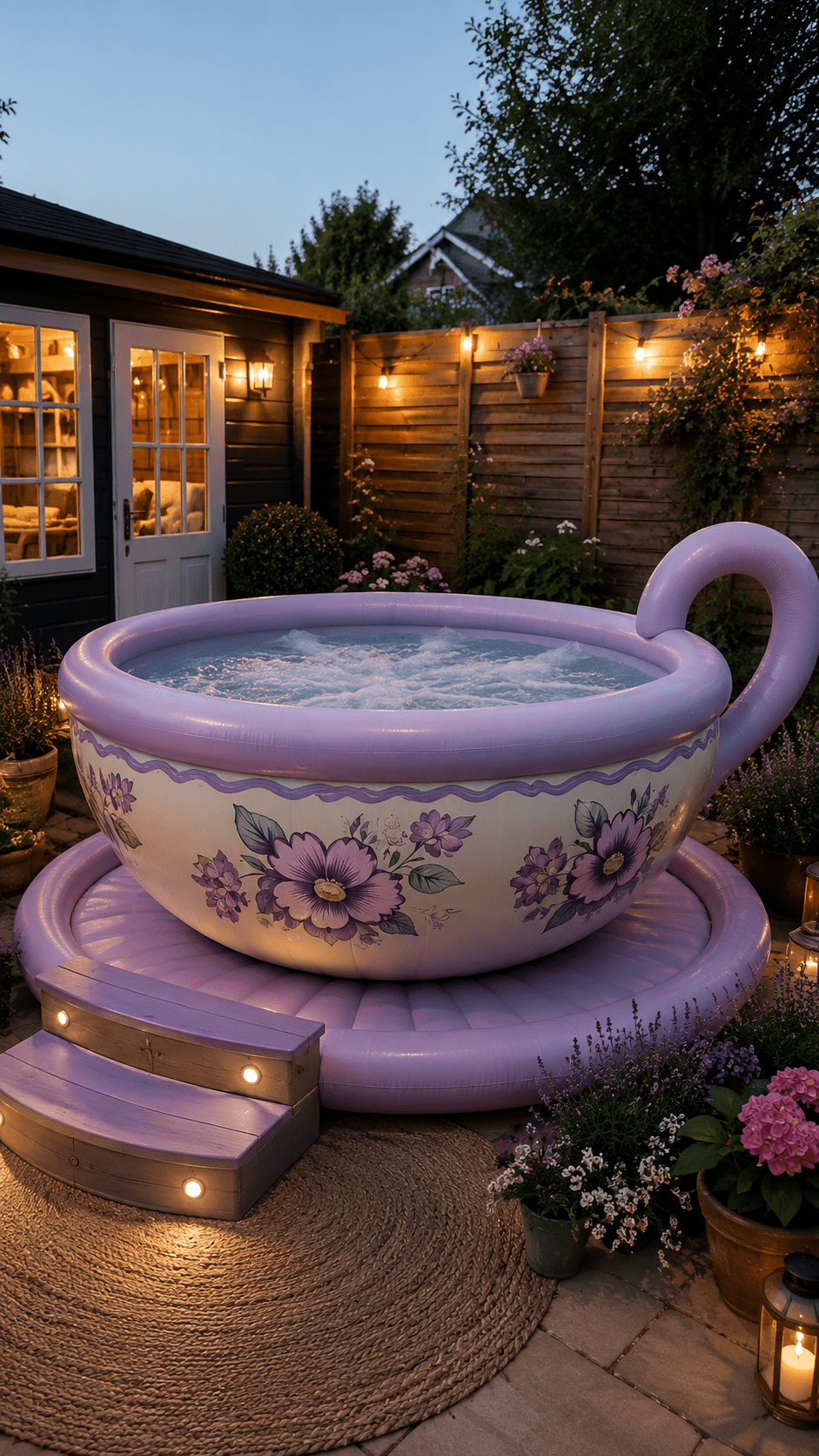 Lavender inflatable teacup hot tub with floral artwork illuminated by warm evening garden lights and lanterns.
