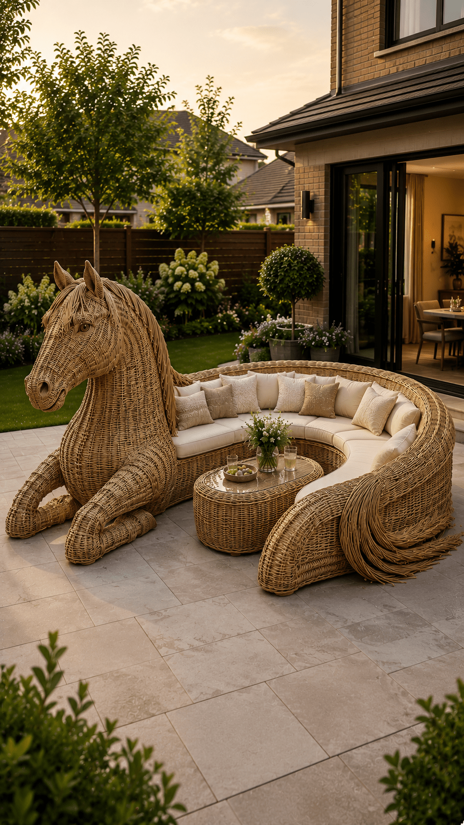 Natural wicker horse-shaped rattan garden sofa with curved seating and coffee table on a luxury outdoor patio