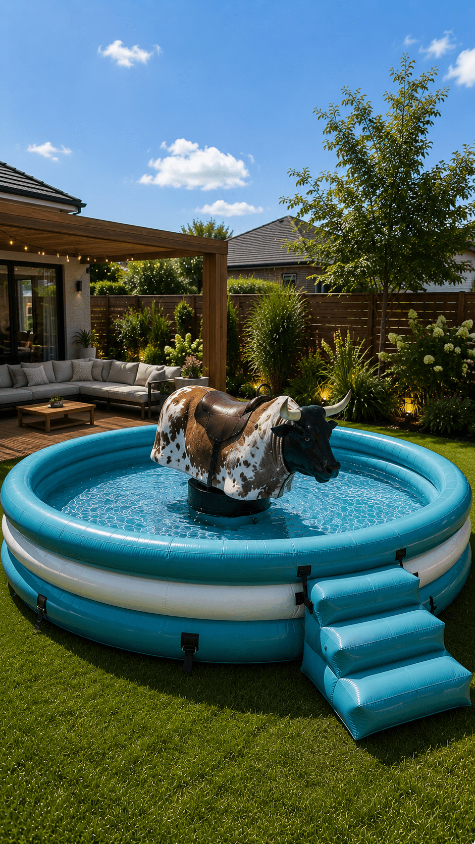 Large turquoise inflatable mechanical bull pool featuring a realistic rodeo bull and integrated steps in a stylish garden.