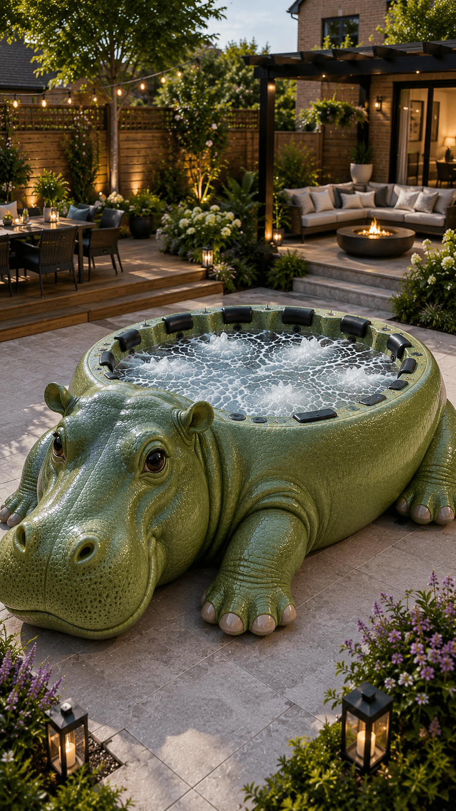 Green hippo-shaped hot tub surrounded by luxury outdoor seating, pergola and landscaped garden.