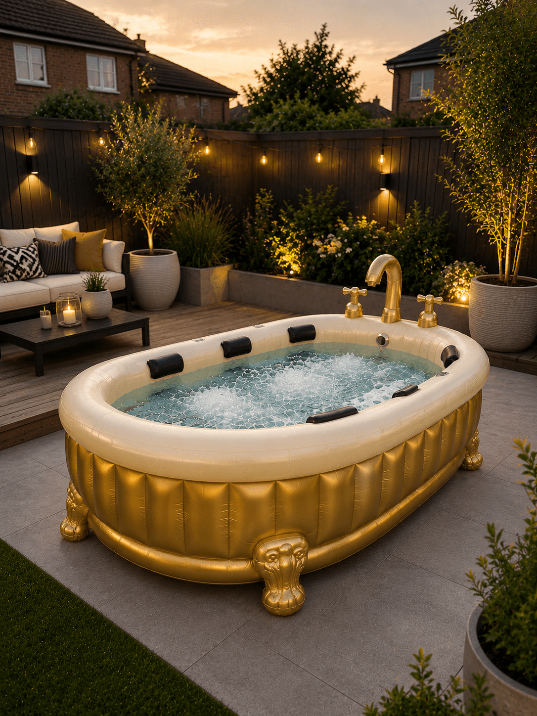 Metallic gold inflatable bathtub hot tub with bubbling water and decorative feet in a luxury garden at sunset.