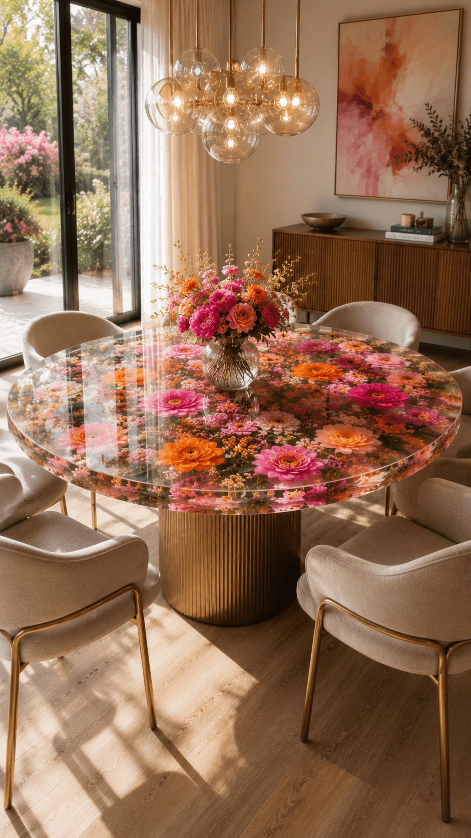 Round floral resin dining table featuring bright pink and orange flowers suspended beneath a crystal-clear resin surface in a luxury dining room