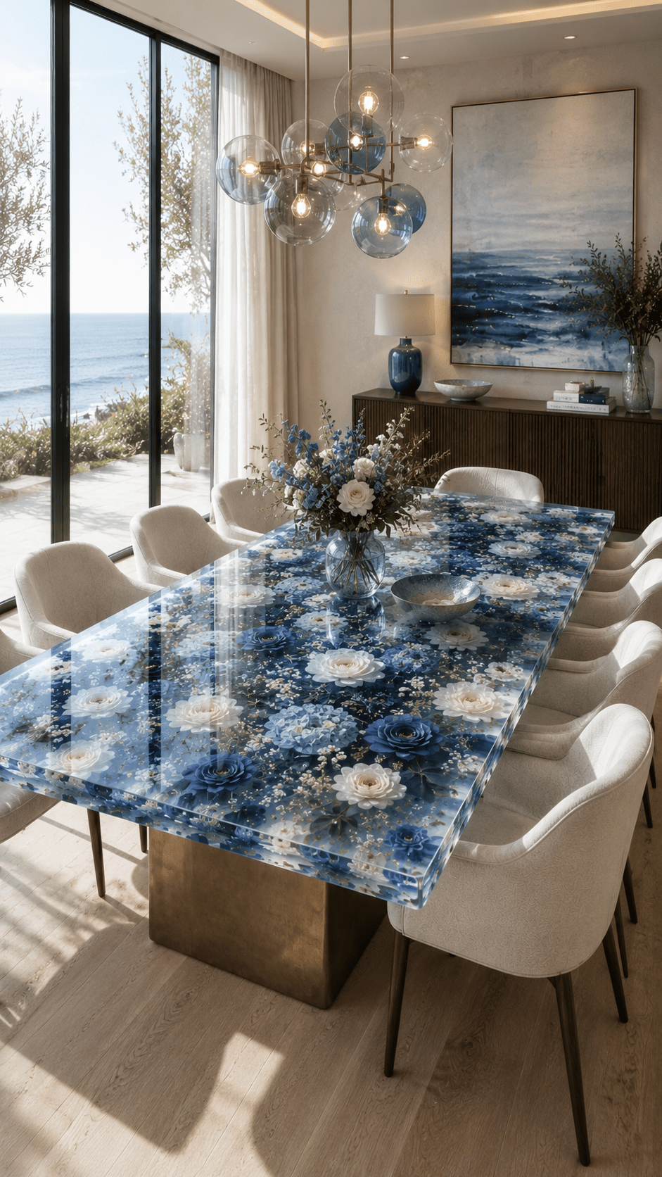 Modern floral resin dining table displaying blue and white flowers encased in clear resin within a bright coastal-inspired dining room