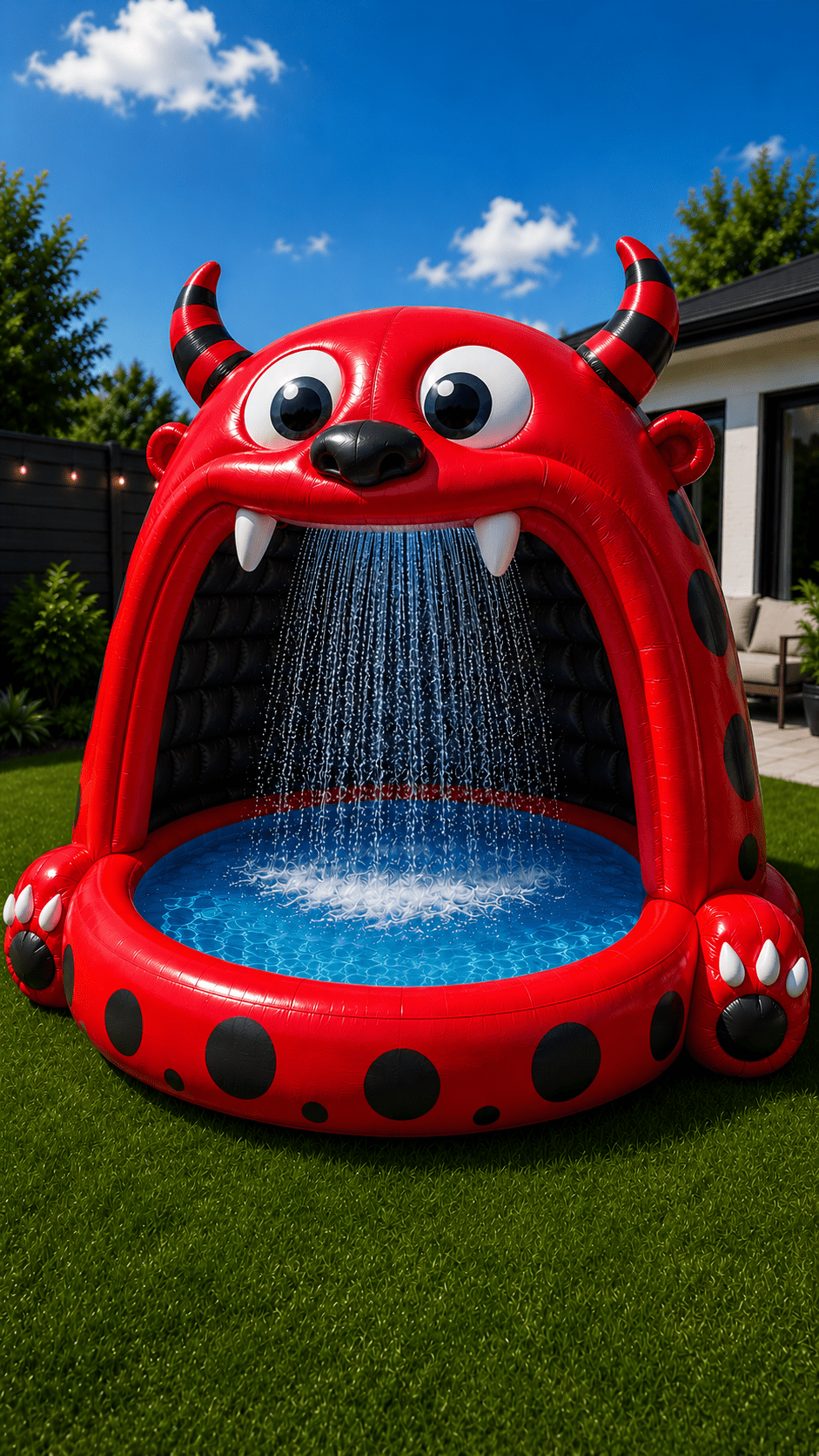 Red monster-themed inflatable paddling pool featuring black spots, horns and an overhead waterfall spray.