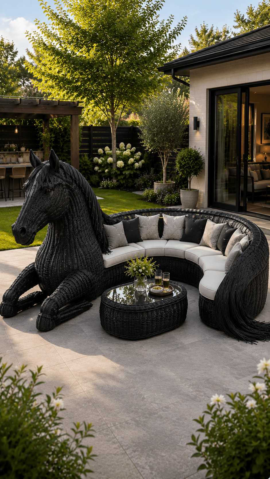 Black horse-shaped rattan garden sofa with cream cushions and matching coffee table in a landscaped garden