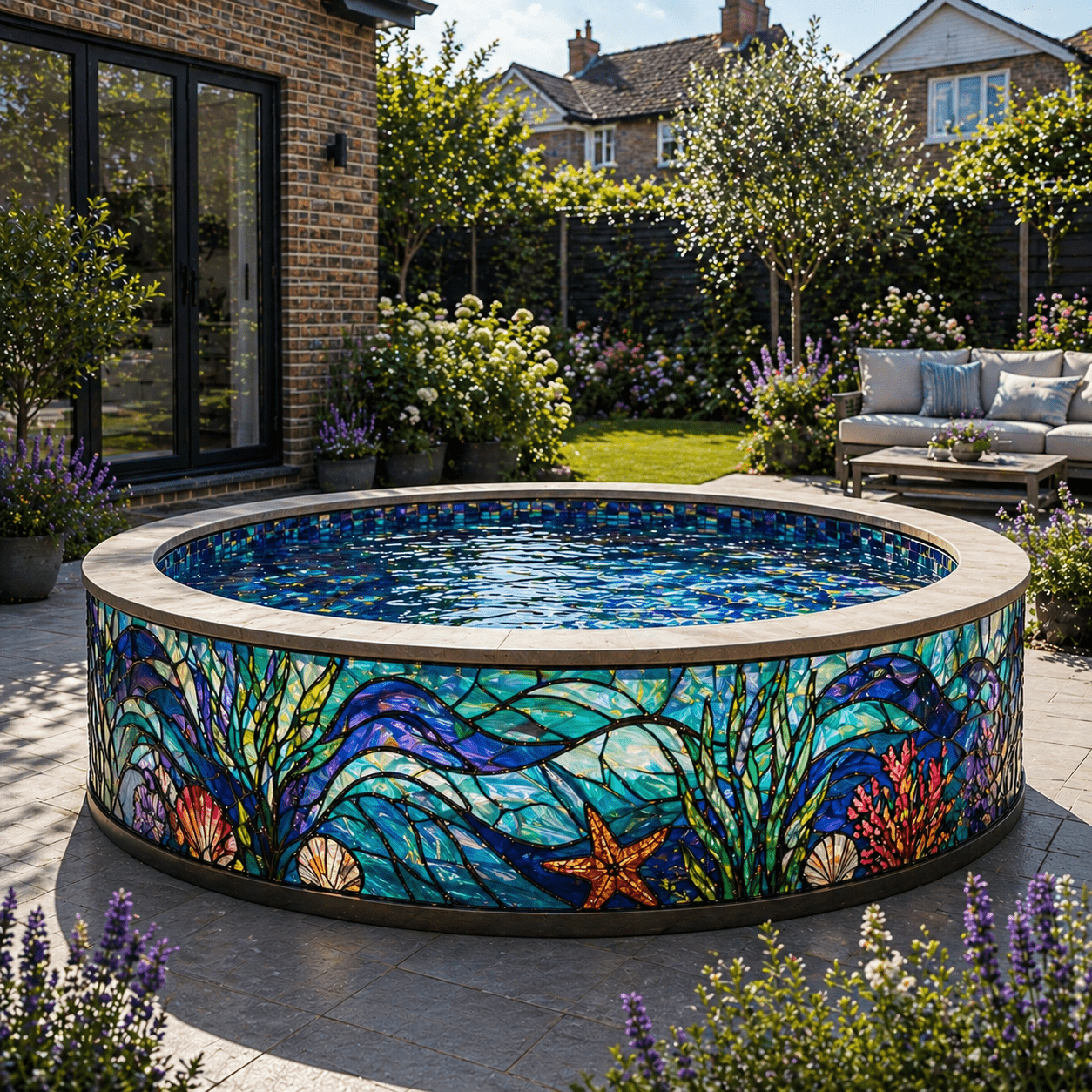 Round stained glass paddling pool featuring colourful ocean waves, coral, shells and starfish in a landscaped garden.
