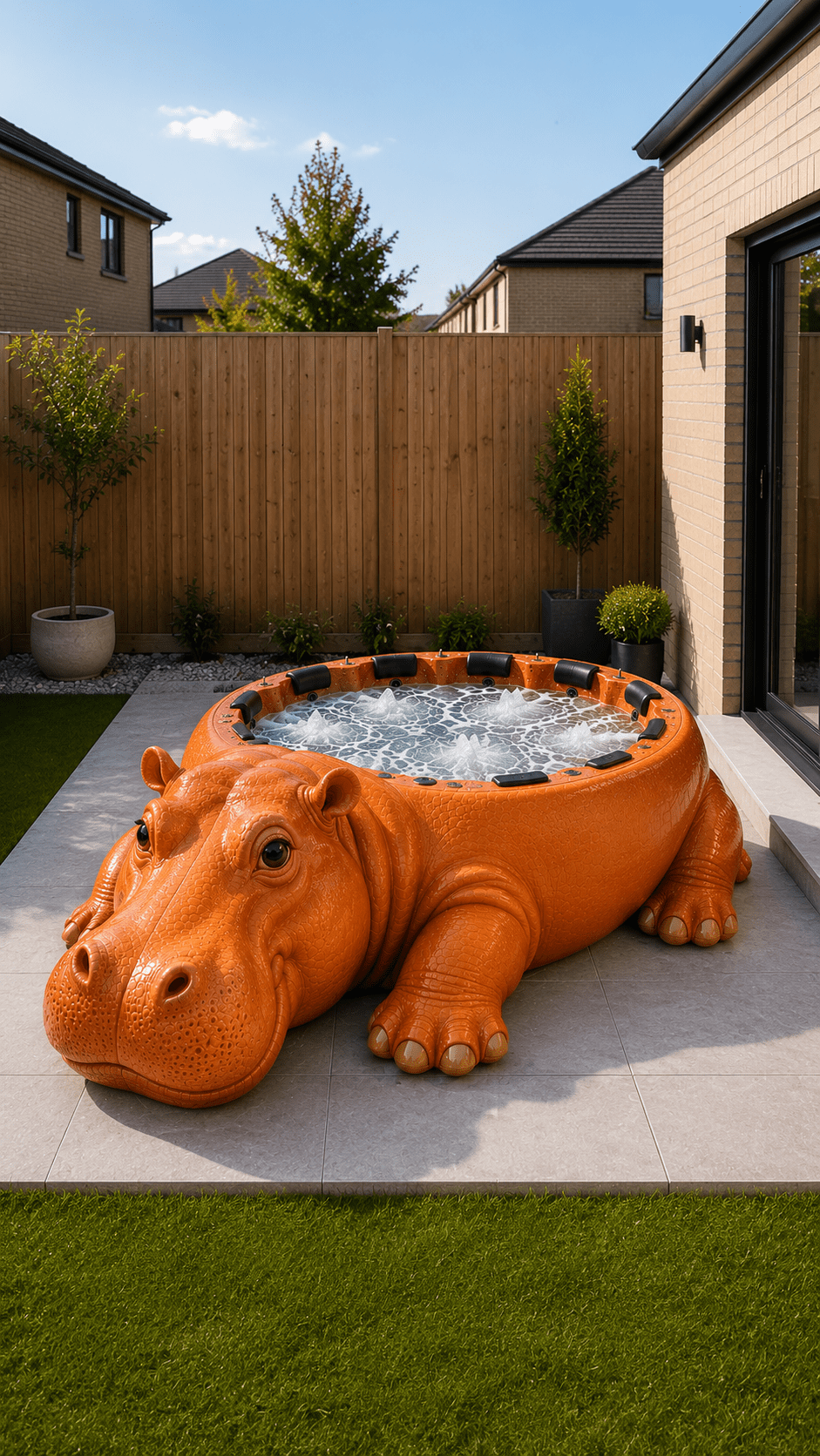 Bright orange hippo-shaped hot tub with bubbling water on a contemporary garden patio.