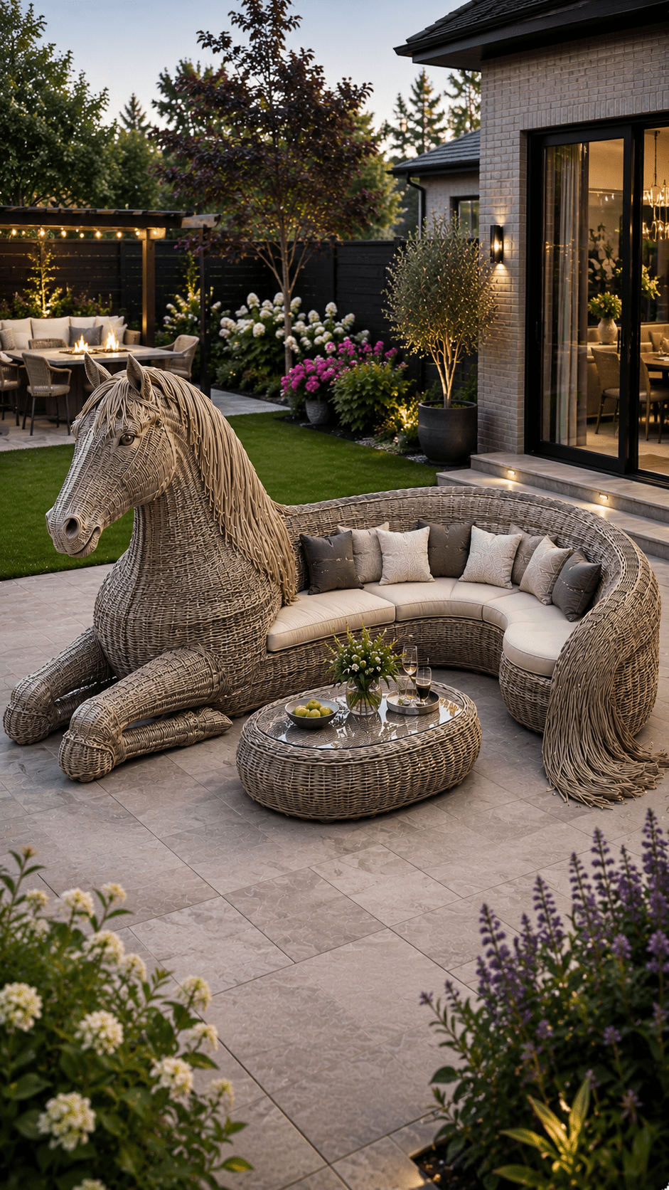 Large horse sofa with circular seating and coffee table in a luxury evening garden