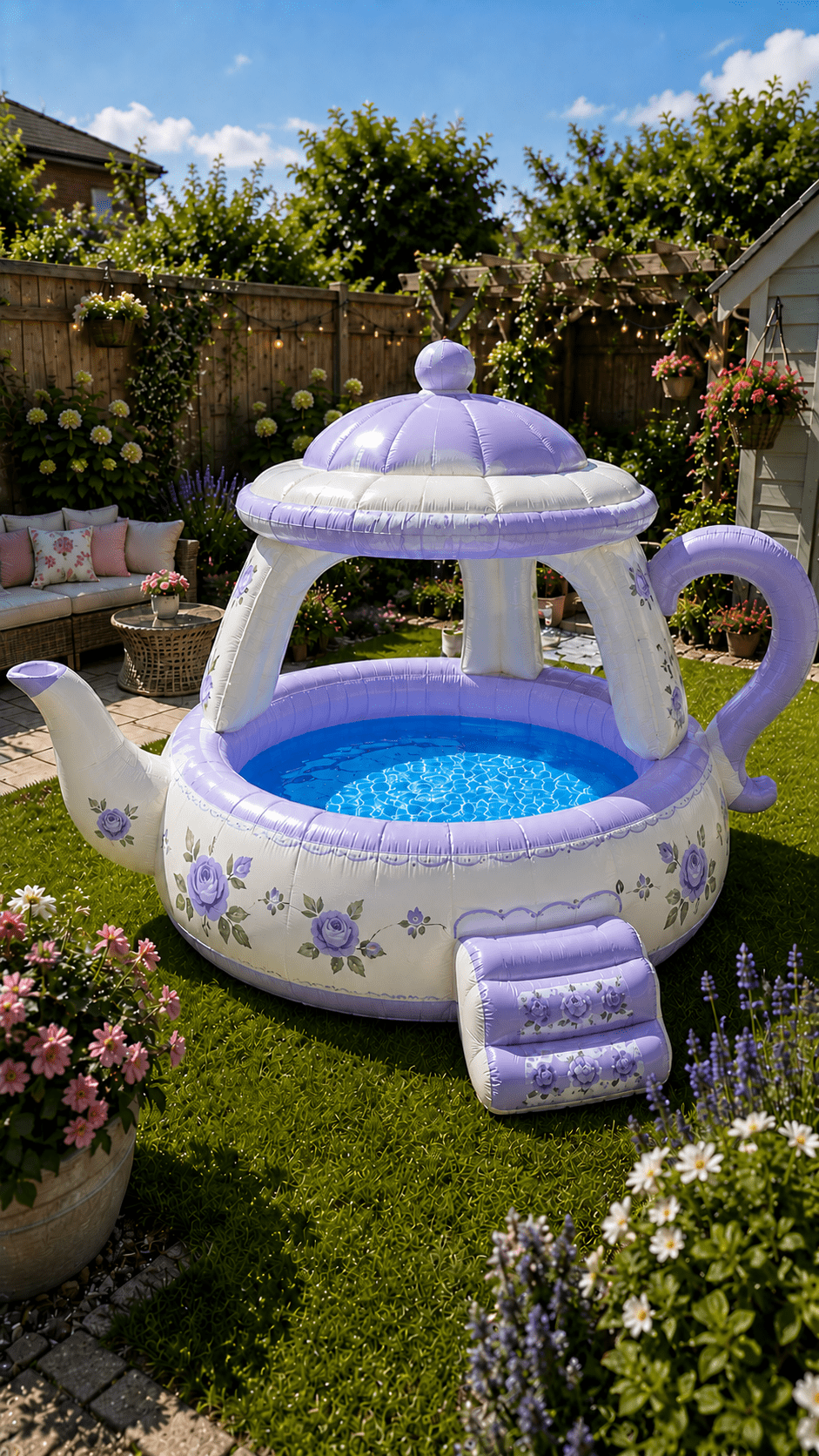 Lavender inflatable teapot garden pool with floral detailing in a landscaped suburban garden featuring bright blue water and decorative steps.