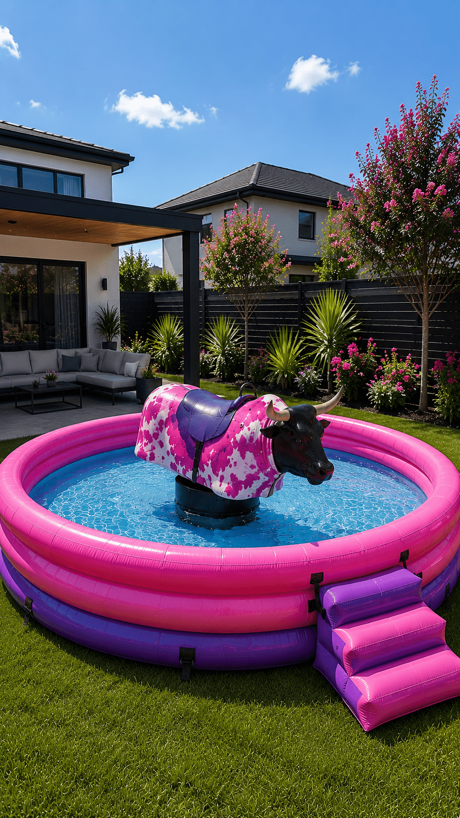 Bright pink and purple inflatable mechanical bull pool featuring a colourful rodeo bull in a vibrant landscaped garden.