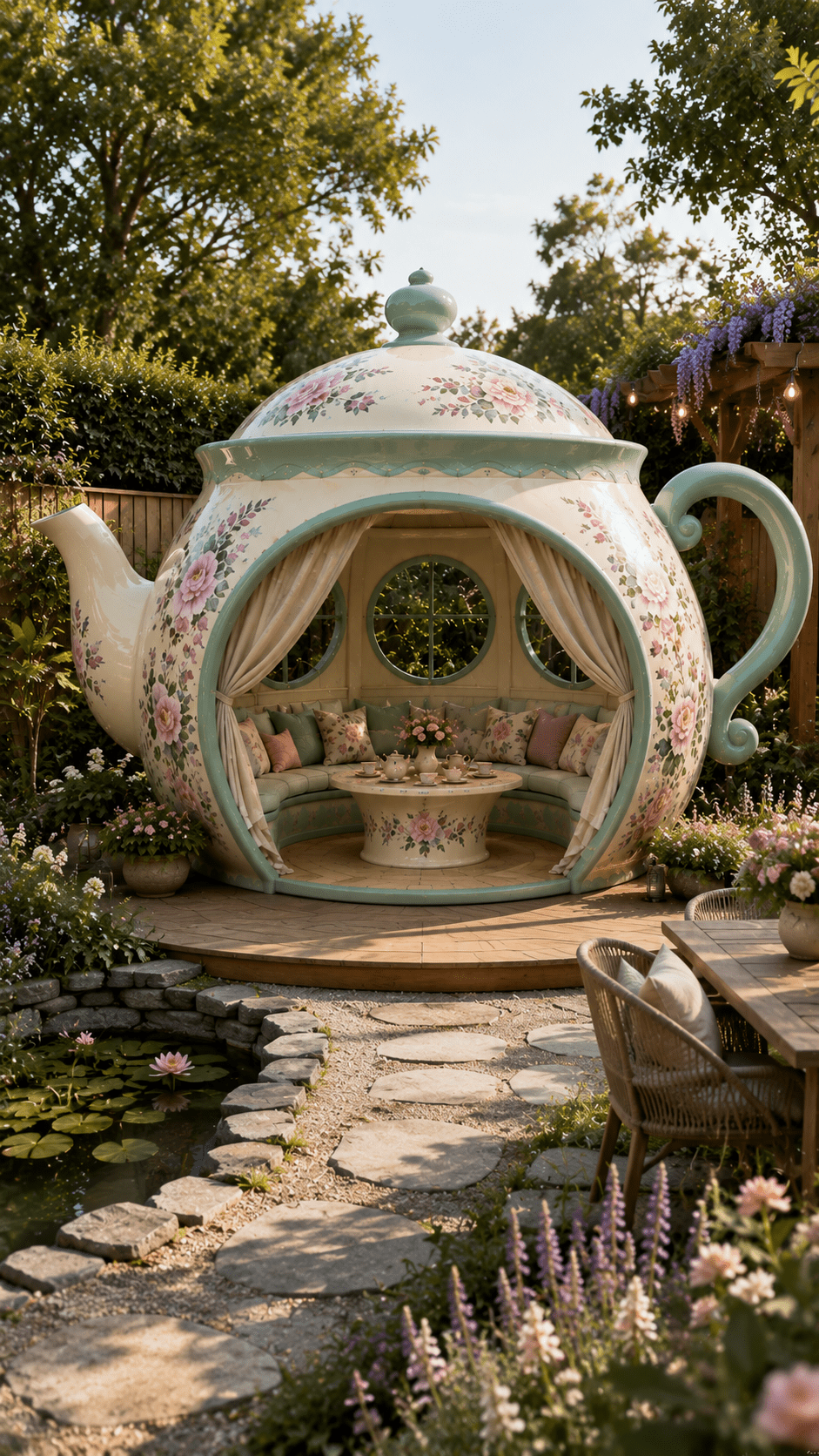 Floral teacup garden pod decorated with pink roses overlooking a beautiful pond and luxury outdoor entertaining space.