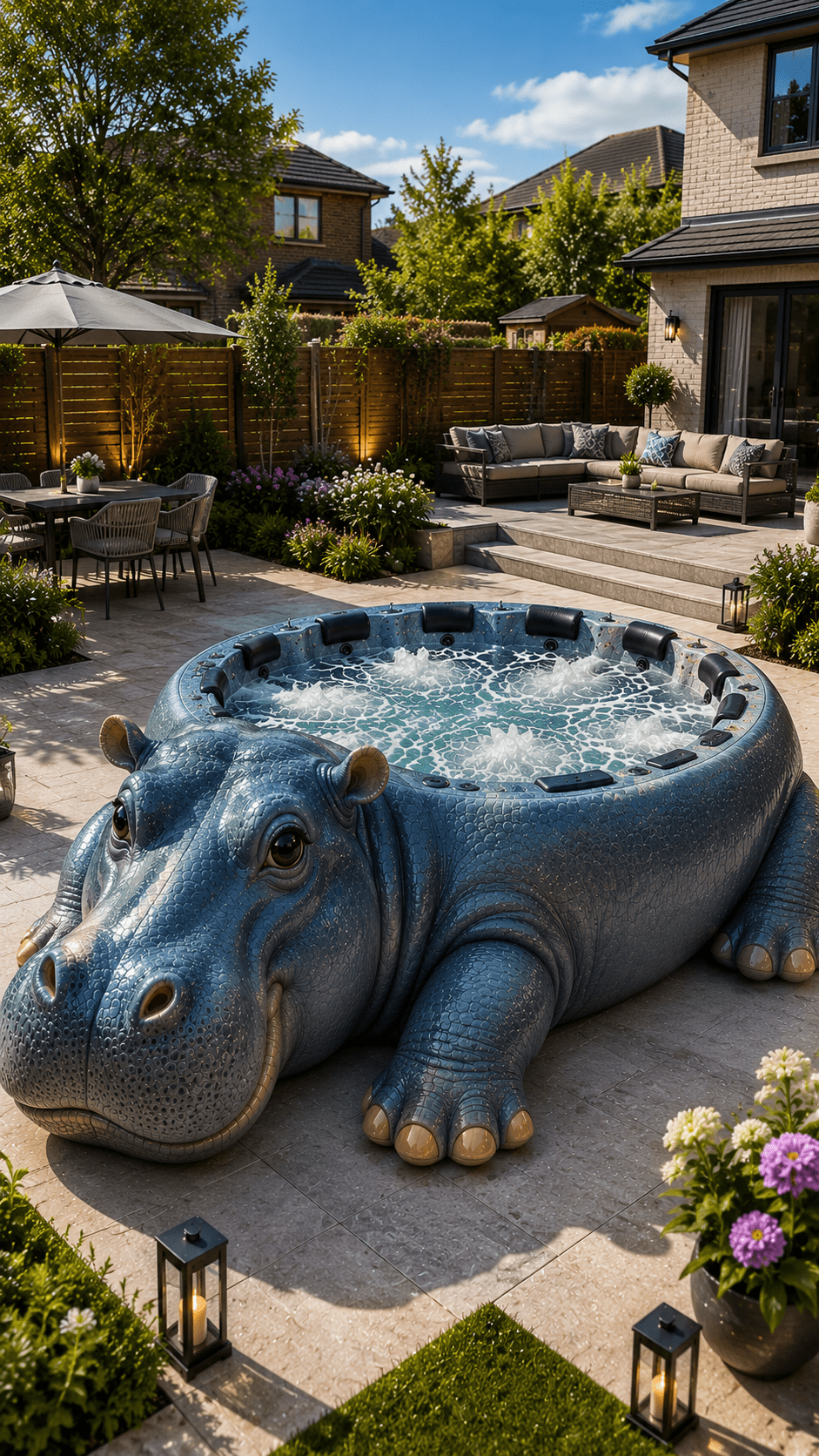 Large blue hippo-shaped outdoor hot tub with hydrotherapy jets in a modern landscaped garden.