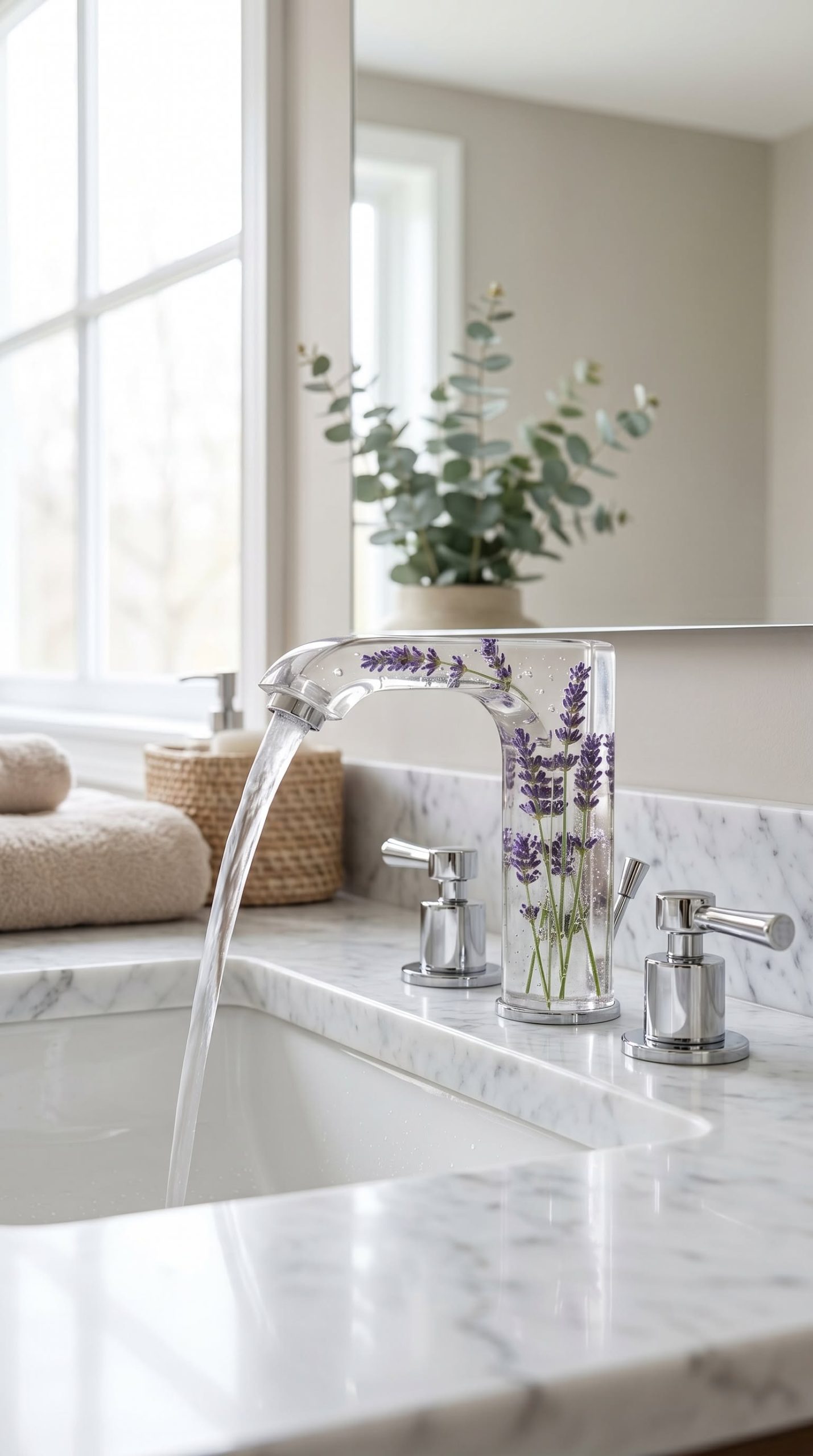 Transparent bathroom tap featuring preserved lavender flowers set on a luxury marble vanity in a modern spa-inspired bathroom.