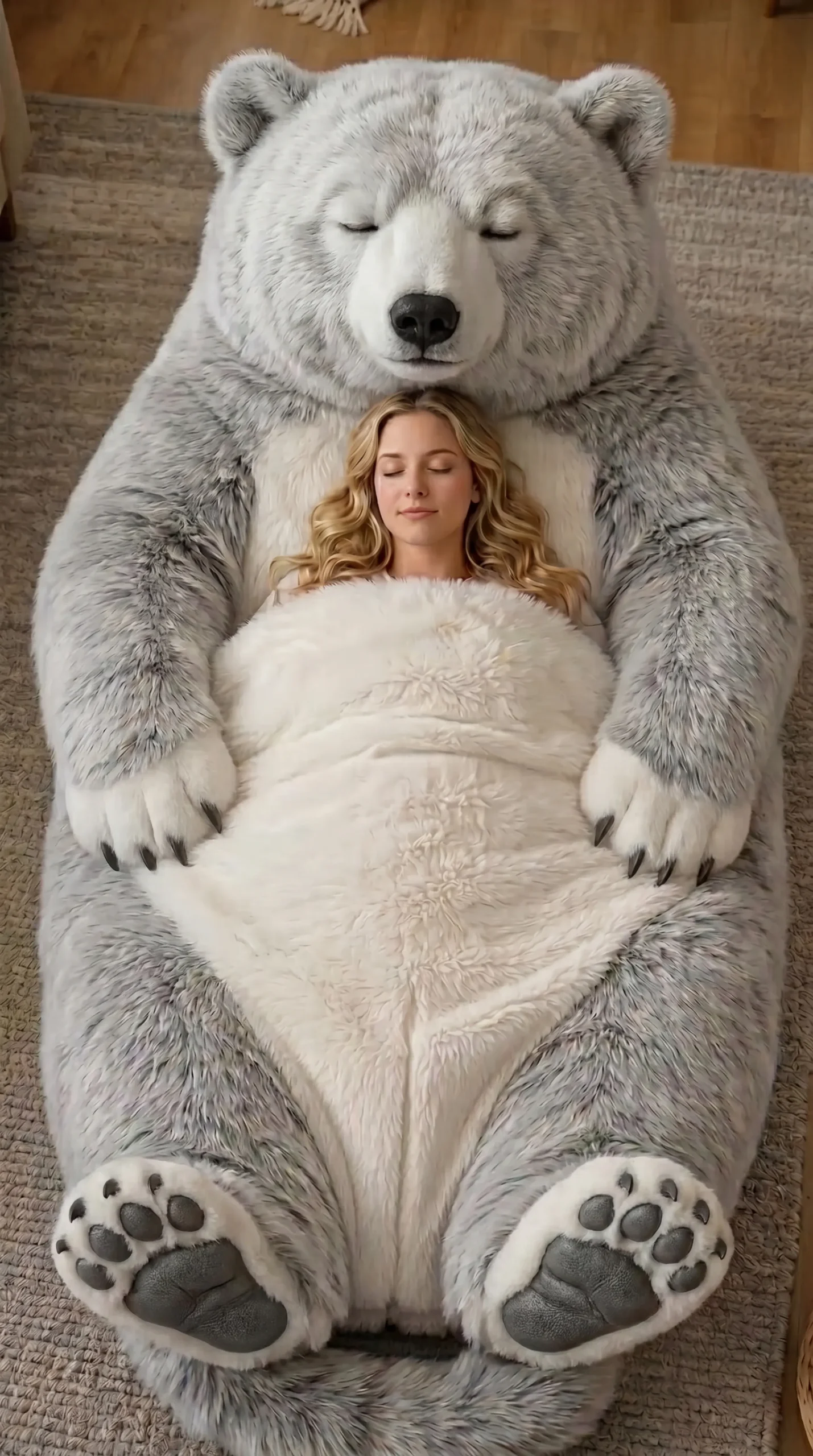 Woman relaxing inside a giant grey bear sleeping bag lounger with plush faux fur and oversized paws.