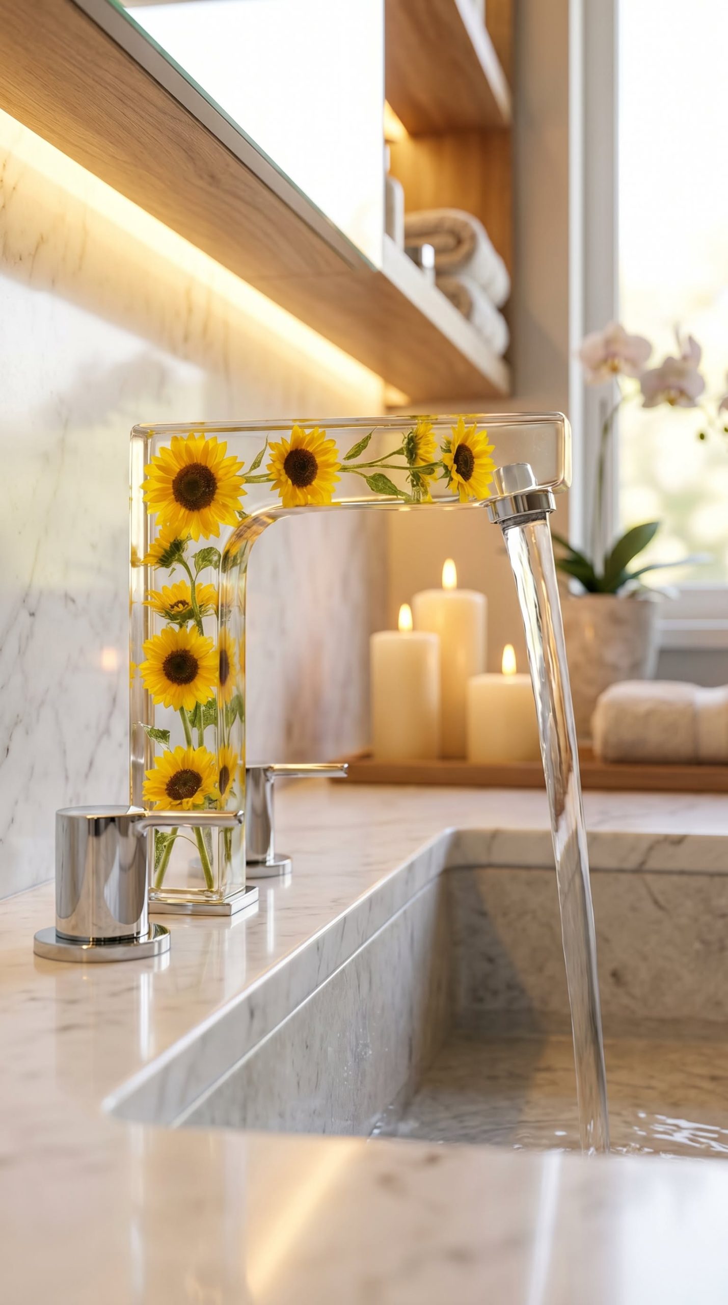 Modern transparent bathroom tap filled with vibrant sunflower stems creating a unique floral centrepiece on a marble sink.