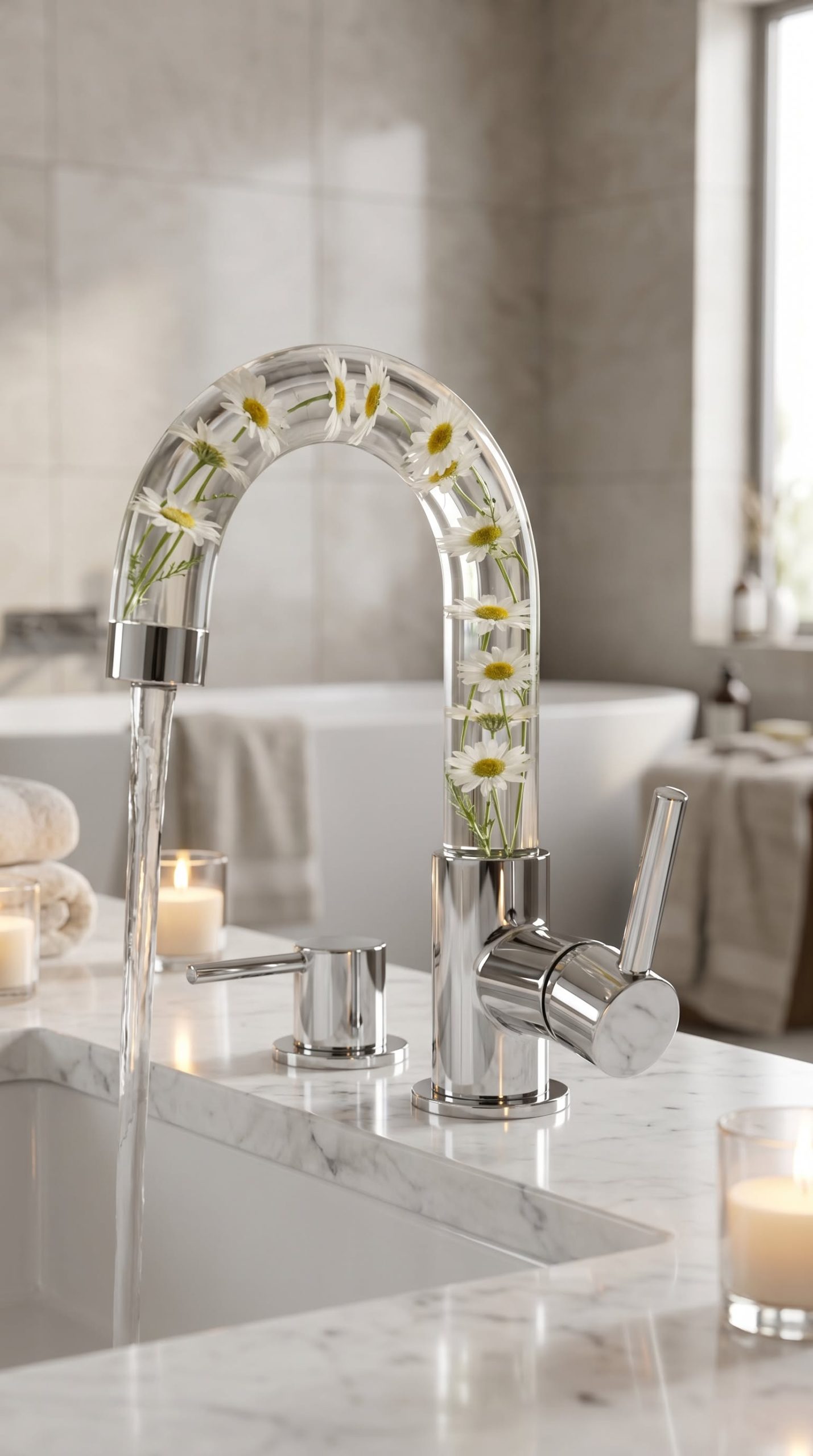 Stylish curved resin bathroom tap with preserved white daisies and chrome fittings in a bright minimalist bathroom.