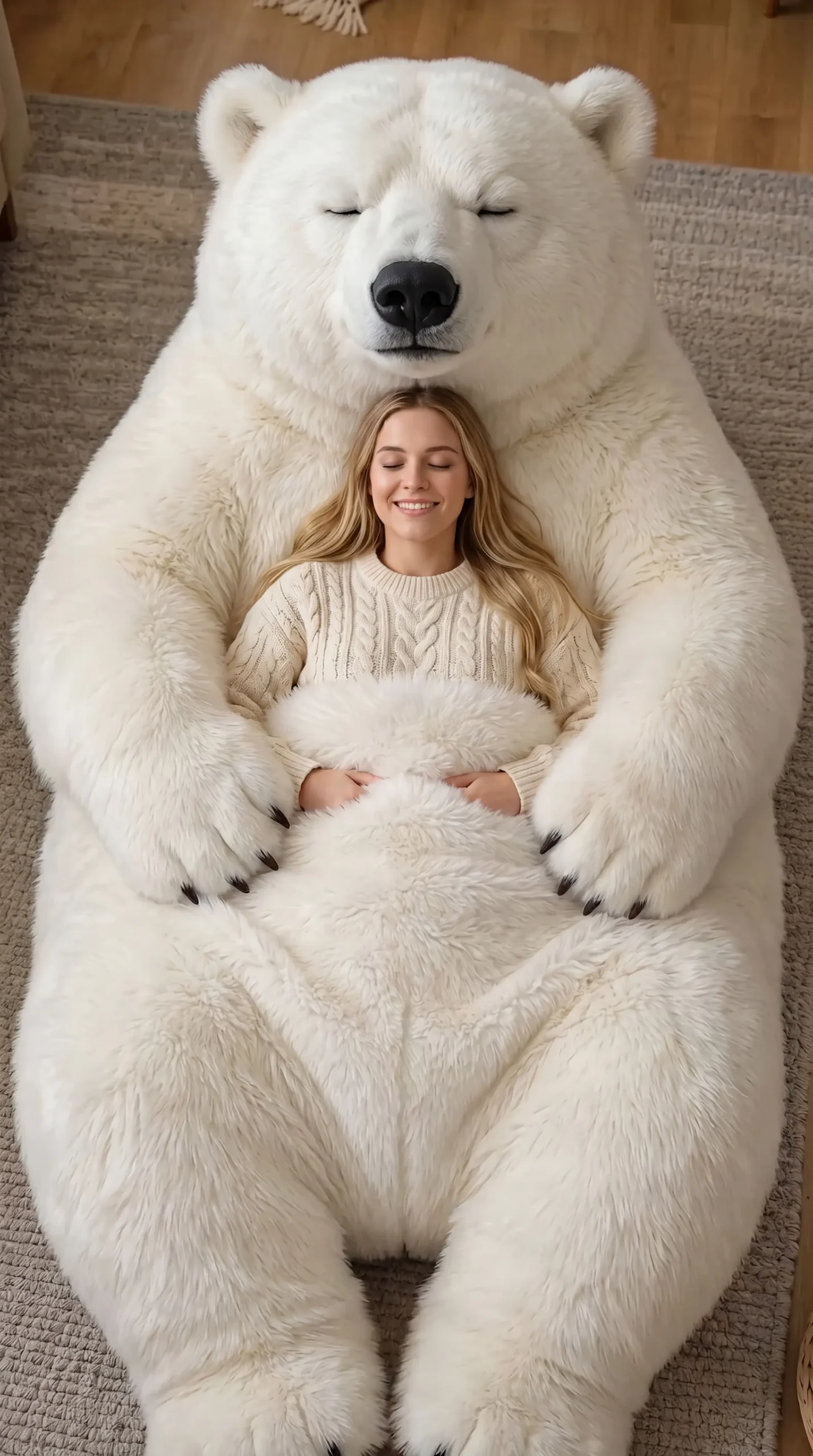 Adult-sized polar bear sleeping bag featuring soft white faux fur and cosy cocoon-style design.