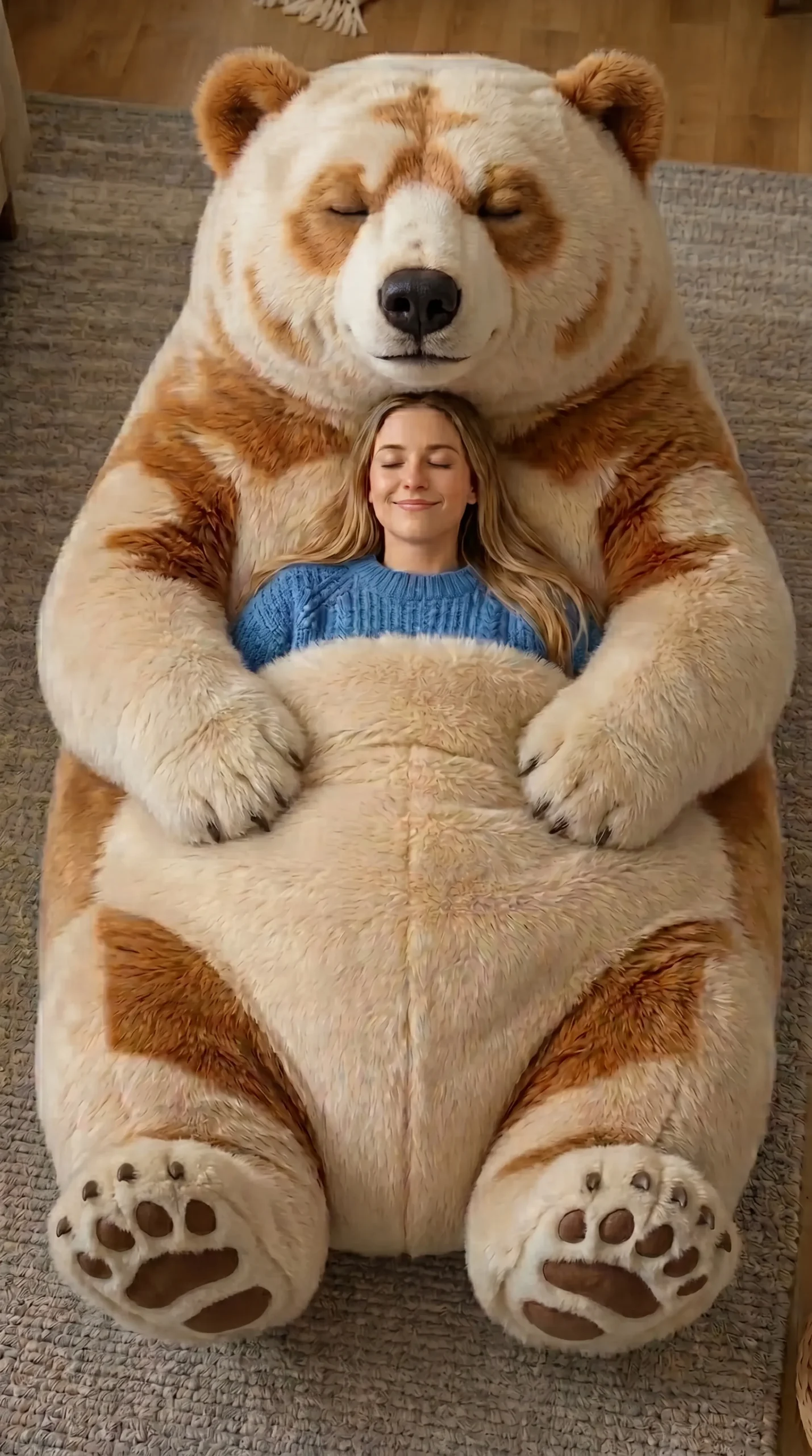 Oversized brown bear sleeping bag pod designed for indoor relaxation and cosy lounging.