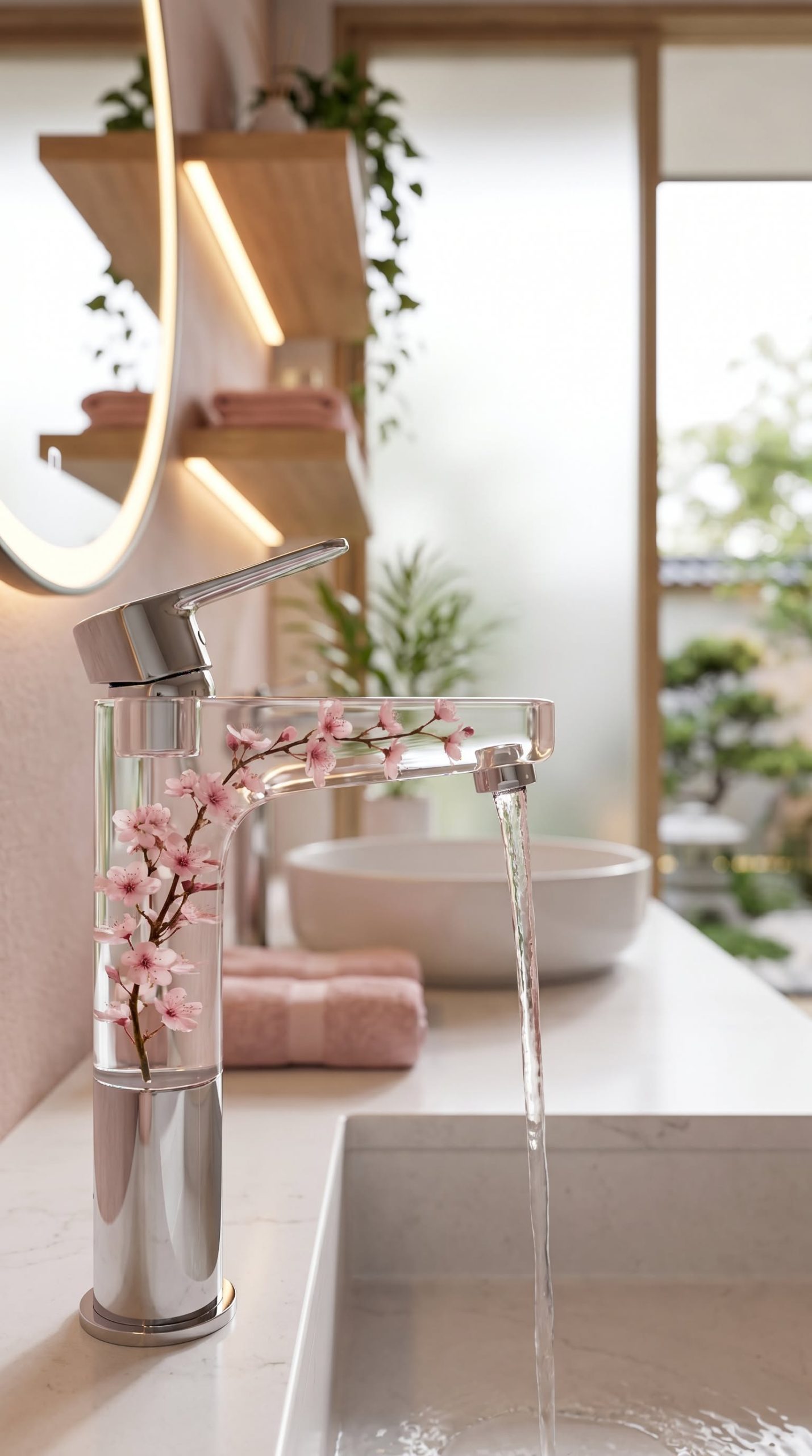 Elegant transparent bathroom tap showcasing delicate cherry blossom branches in a contemporary luxury bathroom setting.