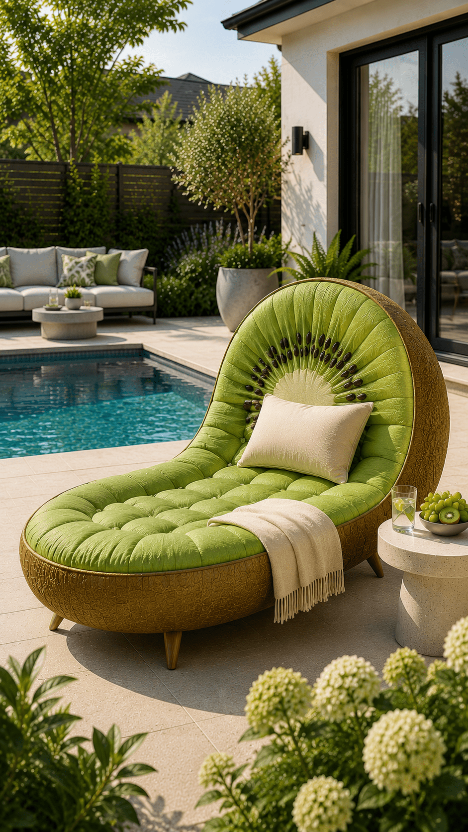 Kiwi-inspired luxury outdoor chaise lounge featuring green fruit detailing and textured exterior in a modern garden