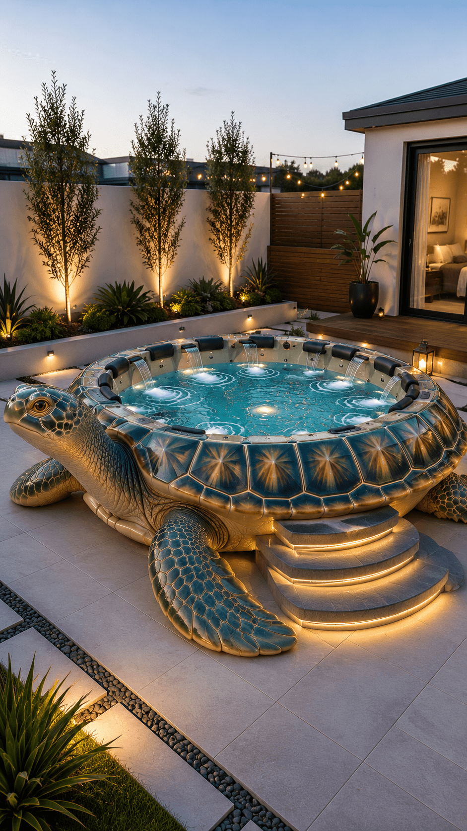 Blue turtle-shaped hot tub with illuminated shell, waterfalls and bubbling spa in a stylish evening garden.