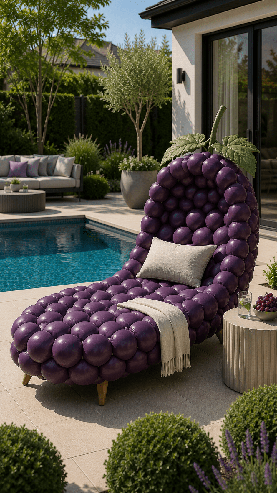 Oversized grape-inspired luxury garden chaise lounge with deep purple cushioned upholstery beside a contemporary swimming pool