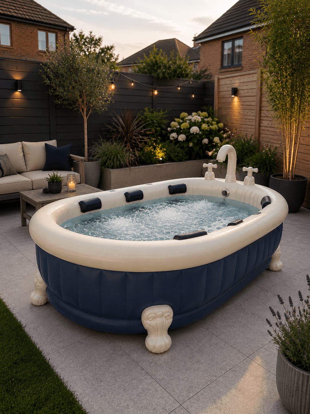 Navy blue inflatable bathtub hot tub with vintage-inspired taps and spa jets in a contemporary landscaped garden.