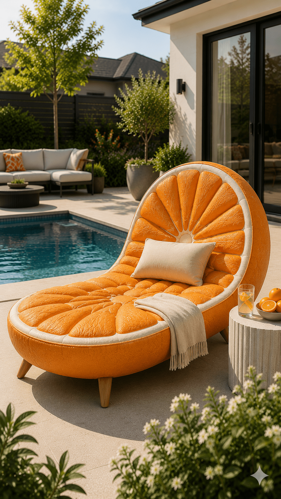 Orange slice-inspired luxury chaise lounge with segmented citrus design positioned beside a stylish outdoor pool