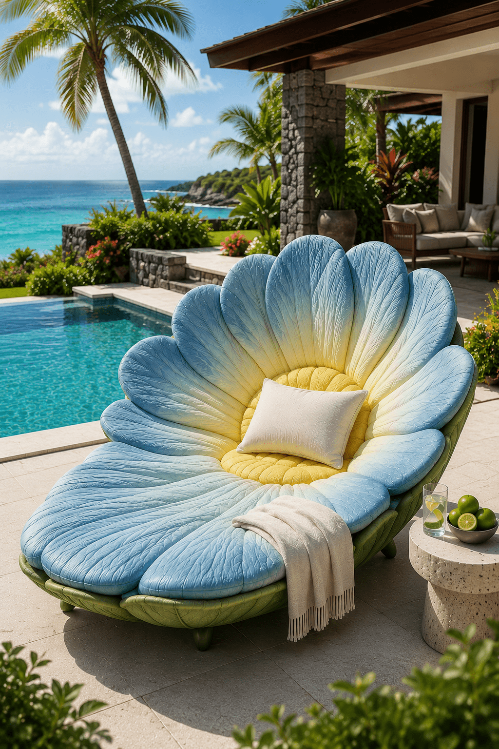 Oversized blue flower-inspired luxury garden lounger beside a tropical swimming pool overlooking the ocean.