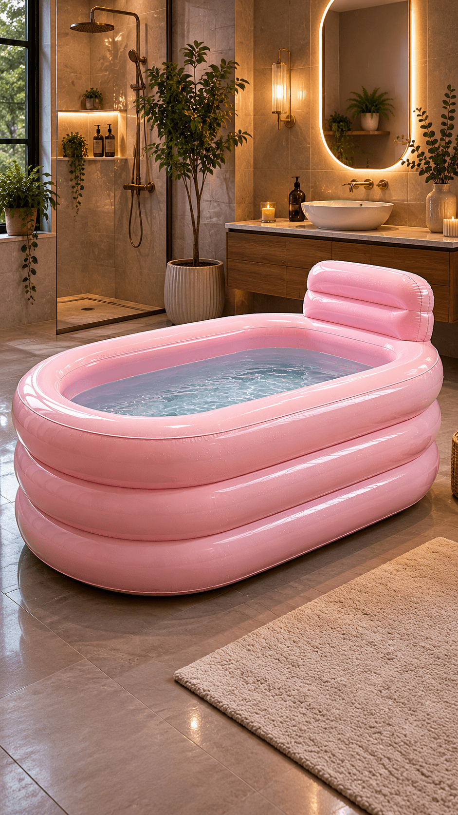 Elegant blush pink inflatable bathtub pool creating a relaxing spa atmosphere in a luxury contemporary bathroom.