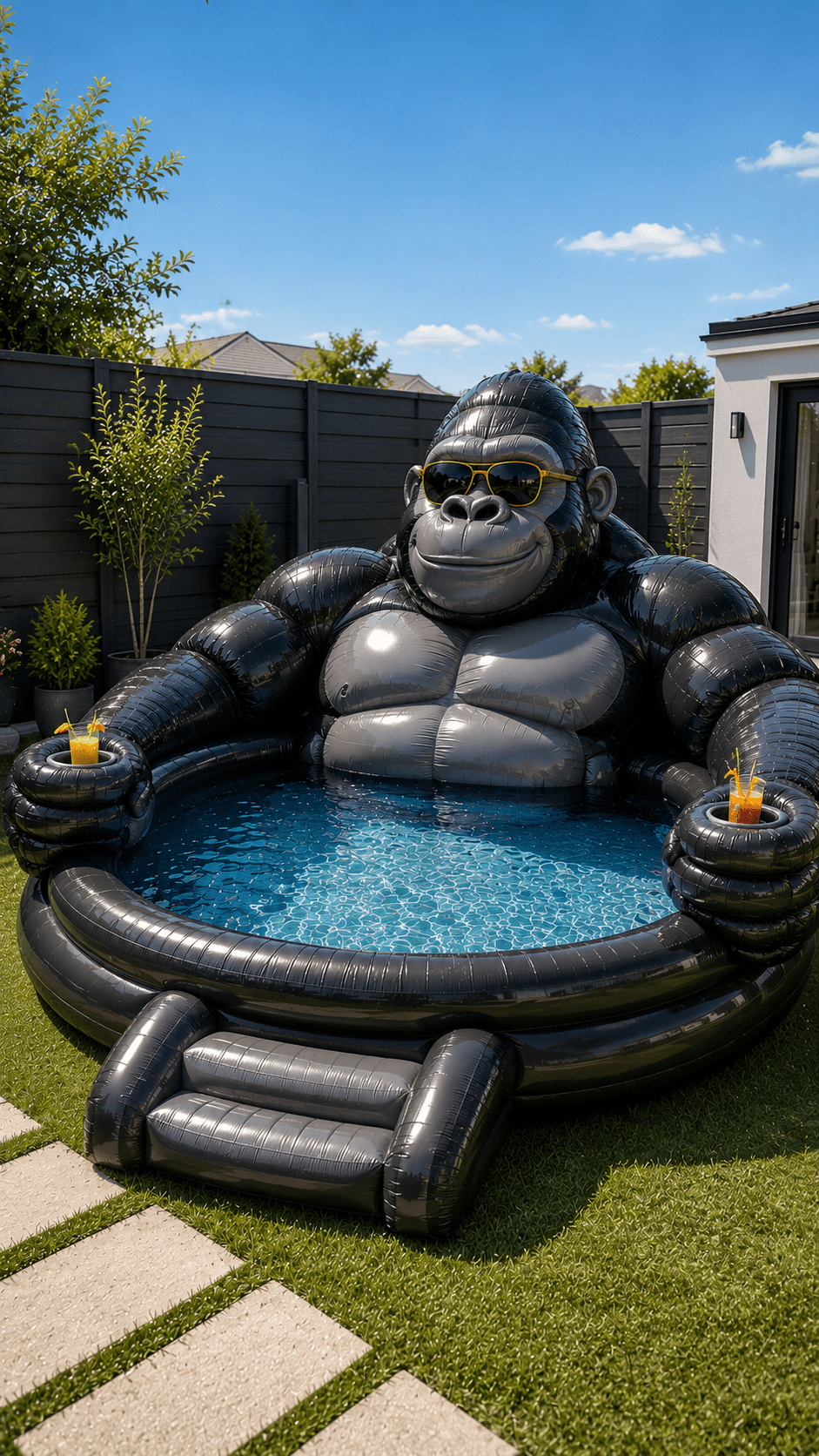 Black giant gorilla inflatable paddling pool with luxury design and built-in beverage holders