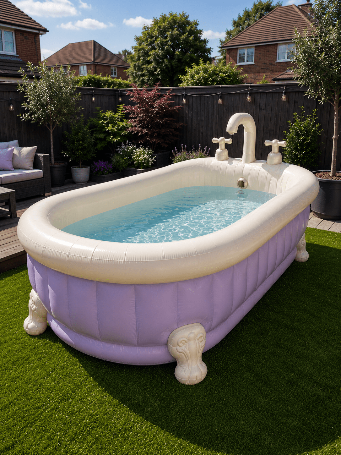 Lavender inflatable bathtub-shaped paddling pool with decorative clawfoot legs in a landscaped garden