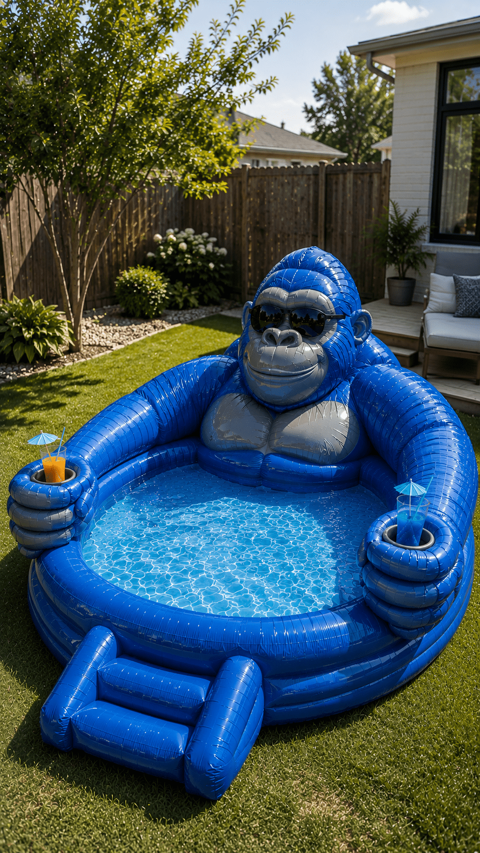 Blue gorilla-themed inflatable paddling pool with steps and drink holders in a garden