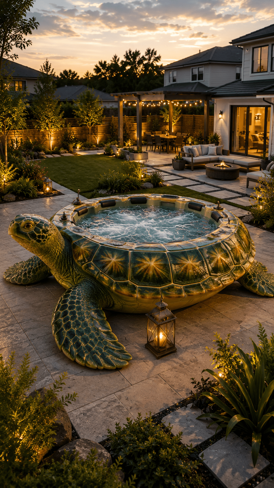 Large green turtle-shaped hot tub surrounded by contemporary landscaping, patio lighting and outdoor seating.