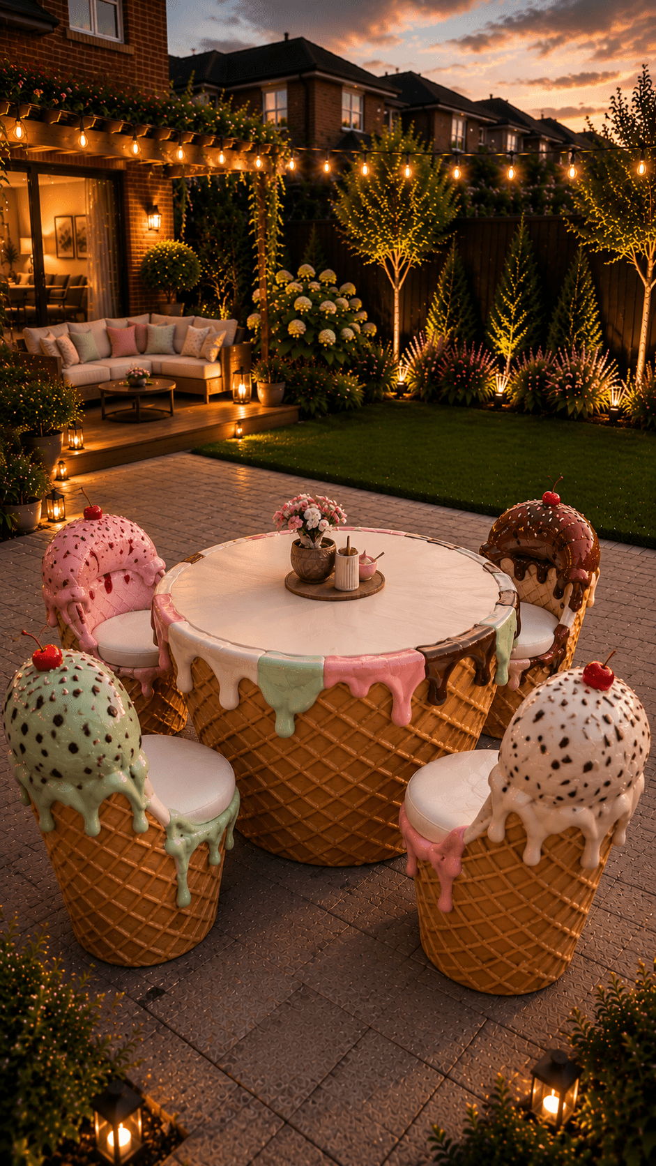Luxury garden dining set featuring colourful ice cream scoop chairs with waffle cone bases and a matching ice cream-inspired table